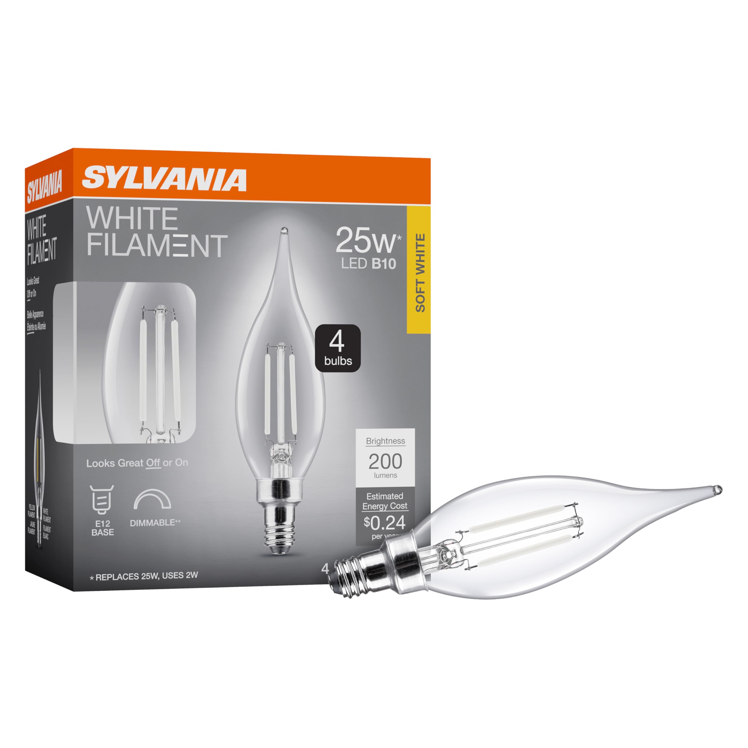 Sylvania B10 Clear Led White Filament Bulb, 2W, Dimmable, 200 Lms, Candelabra Base, 2700K, Soft White - 4 Pack (42263)