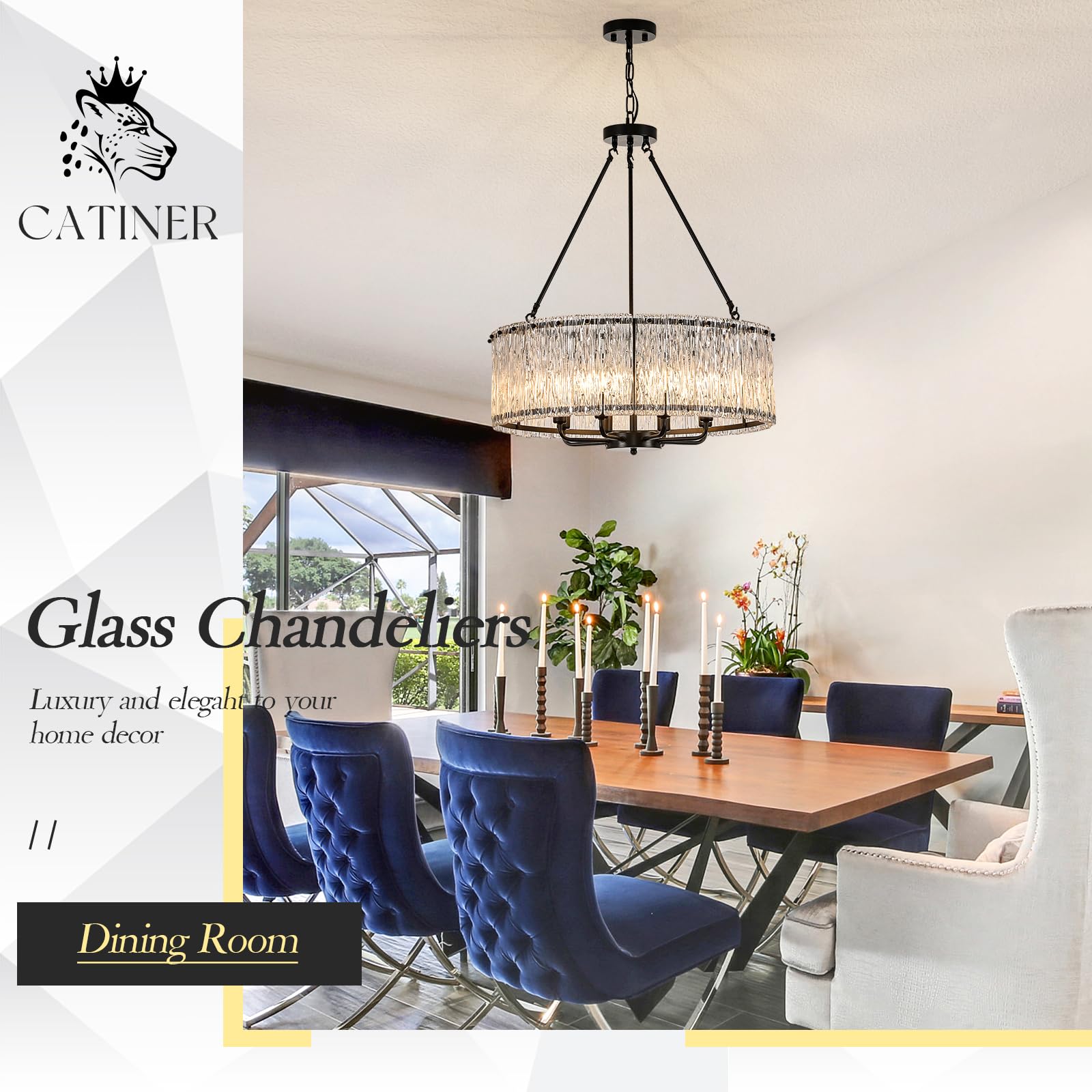 Modern Drum Chandelier 24.4 Black Crystal Glass Chandeliers 8-Light stylish Ceiling Pendant Lighting Fixture For Dining Room Foyer Living Room Bedroom