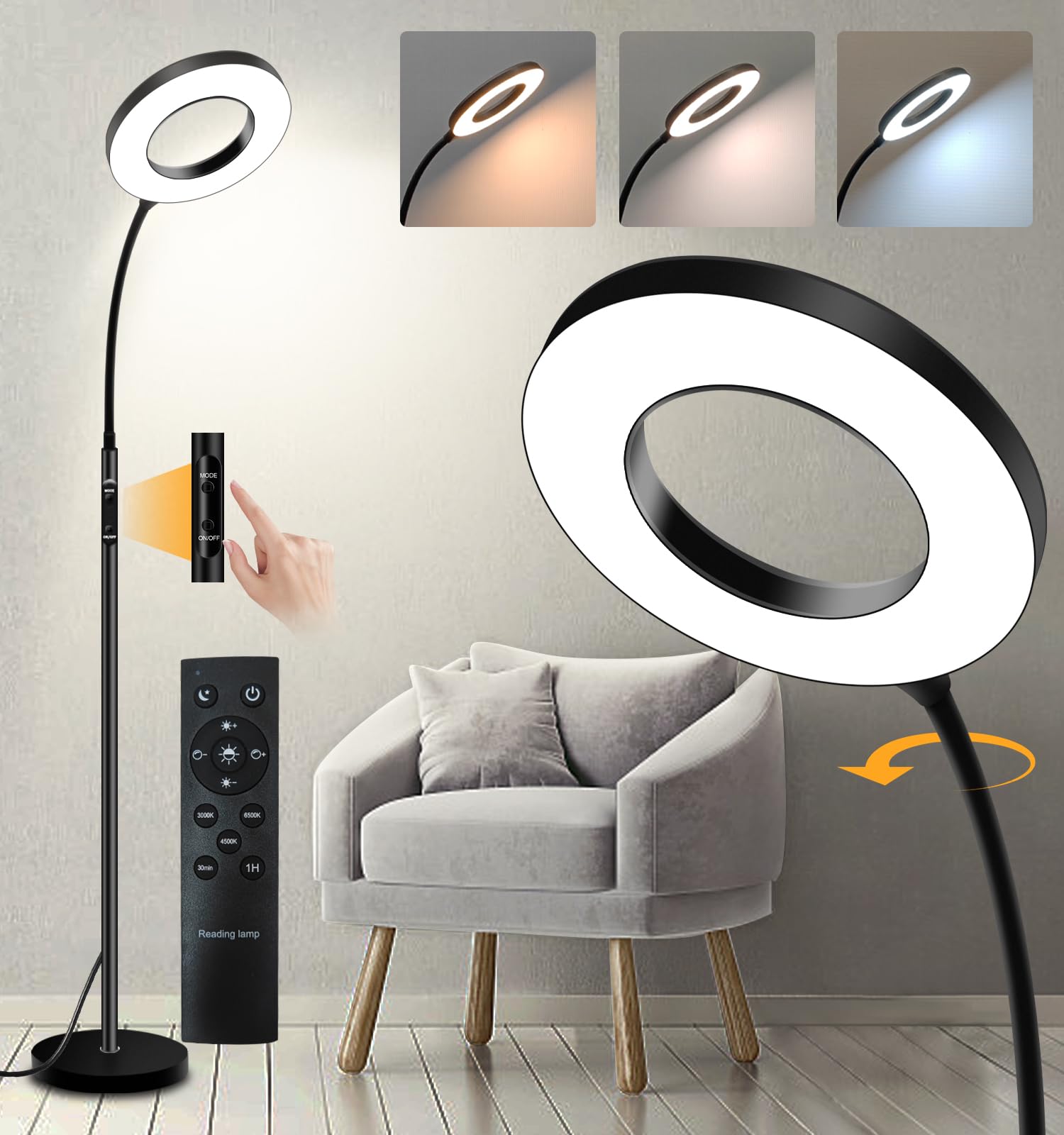 vividstarry LED Reading Floor Lamp with Remote & Touch Control, Bright Adjustable Gooseneck Lamp for Living Room Bedroom Office,
