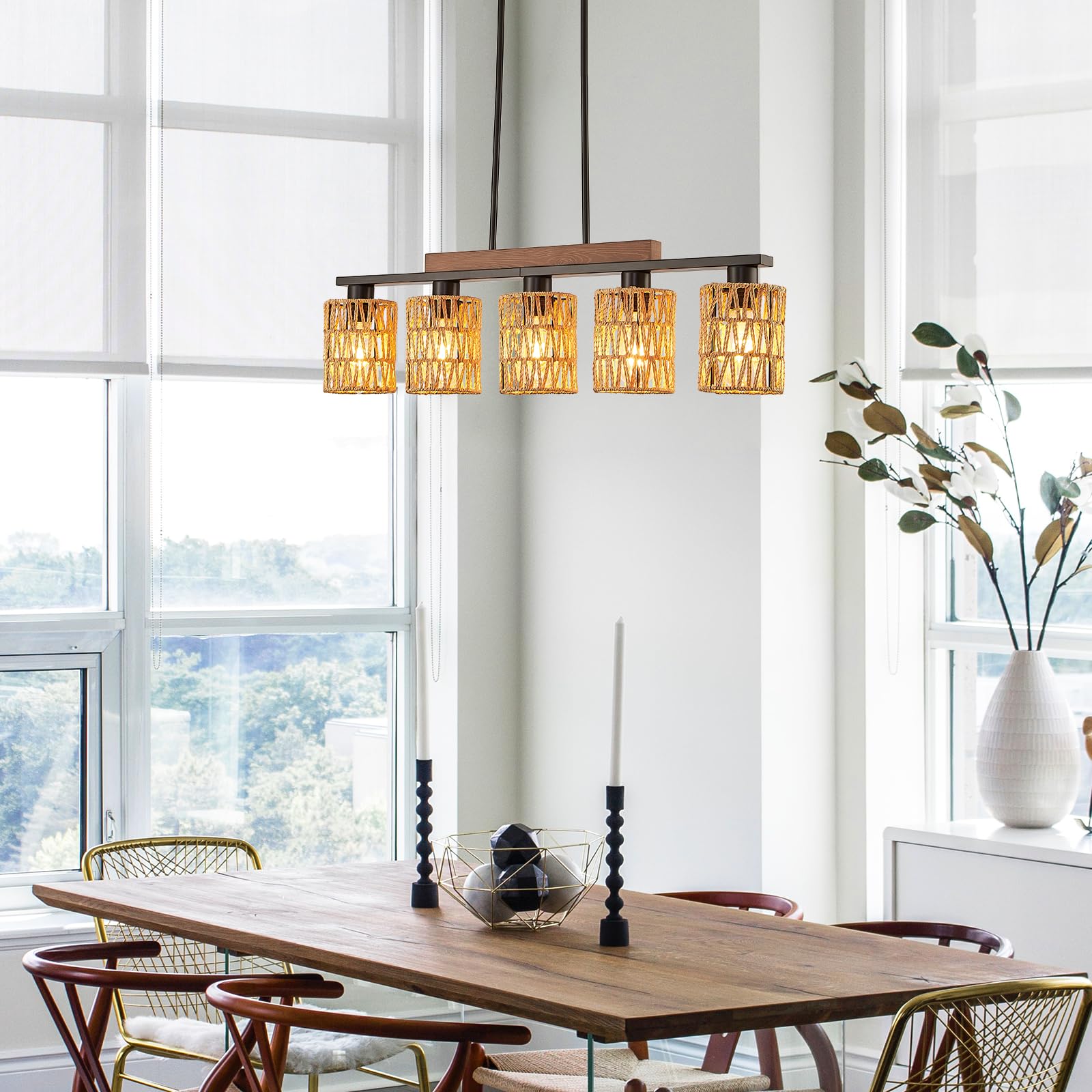 Feohak Boho Dining Room Light Fixture, 5-Light Rattan Chandelier, Farmhouse Woven Large Coastal Wicker Wood Bamboo Bohemian Rust