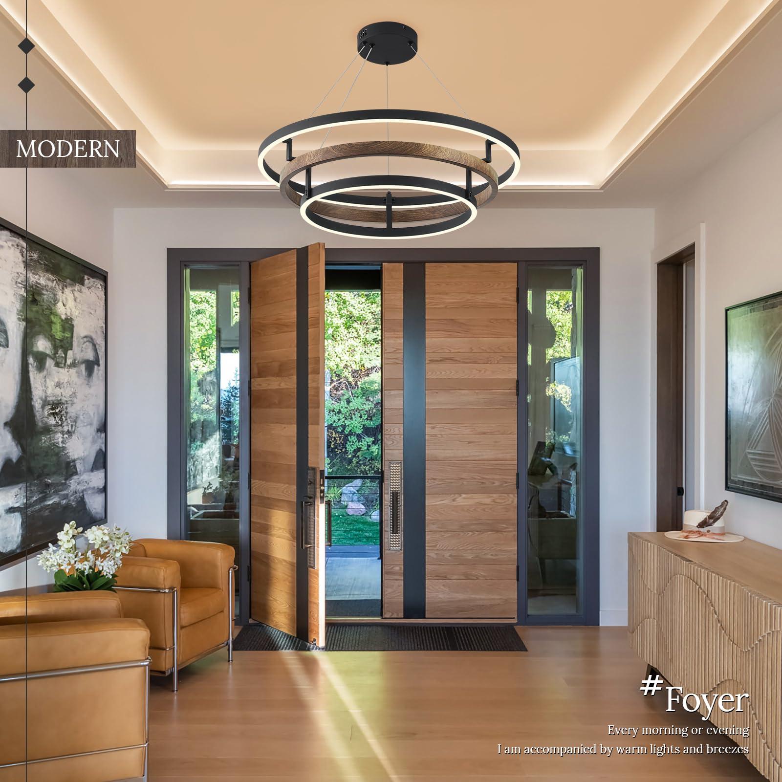 CaraLuxe LED 3-Ring Chandelier Light Fixture, Dimmable, 24in, Walnut Wood Black, Model 1004B for Dining Room, Bedroom, Living Room