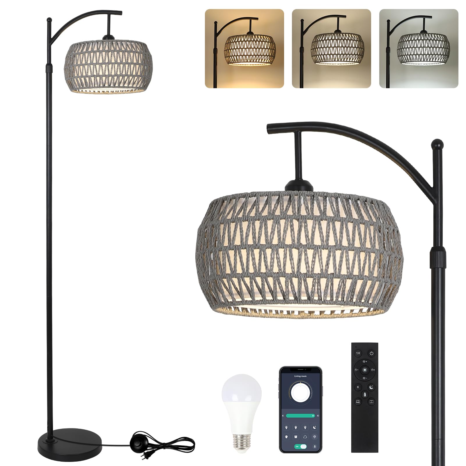 Arc Floor Lamp for Bedroom, Boho Standing Lamp with Remote & LED Smart Bulb, Rattan Floor Lamps for Living Room with 3 Color Tem