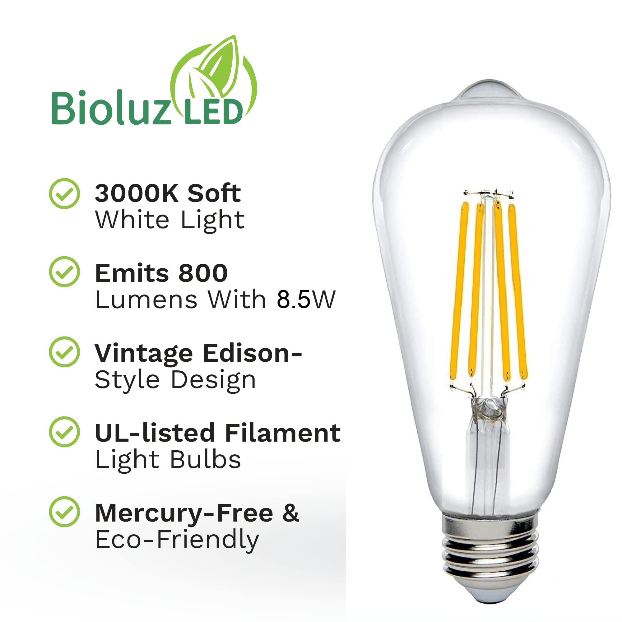 Bioluz Dimmable Edison Light Bulbs, 800 Lumen, Soft White 3000K, Glass, 6 Count, Model ST64-3K800-6