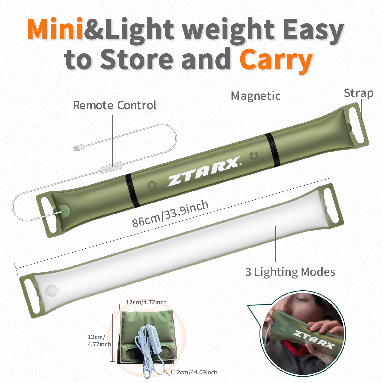 Ztarx Inflatable Camping Light  34 Expandable Tent Lantern  4 Lighting Modes  Ip66 Waterproof  Portable Plug-In Tube Light For Outdoor  Hiking  Emergencies