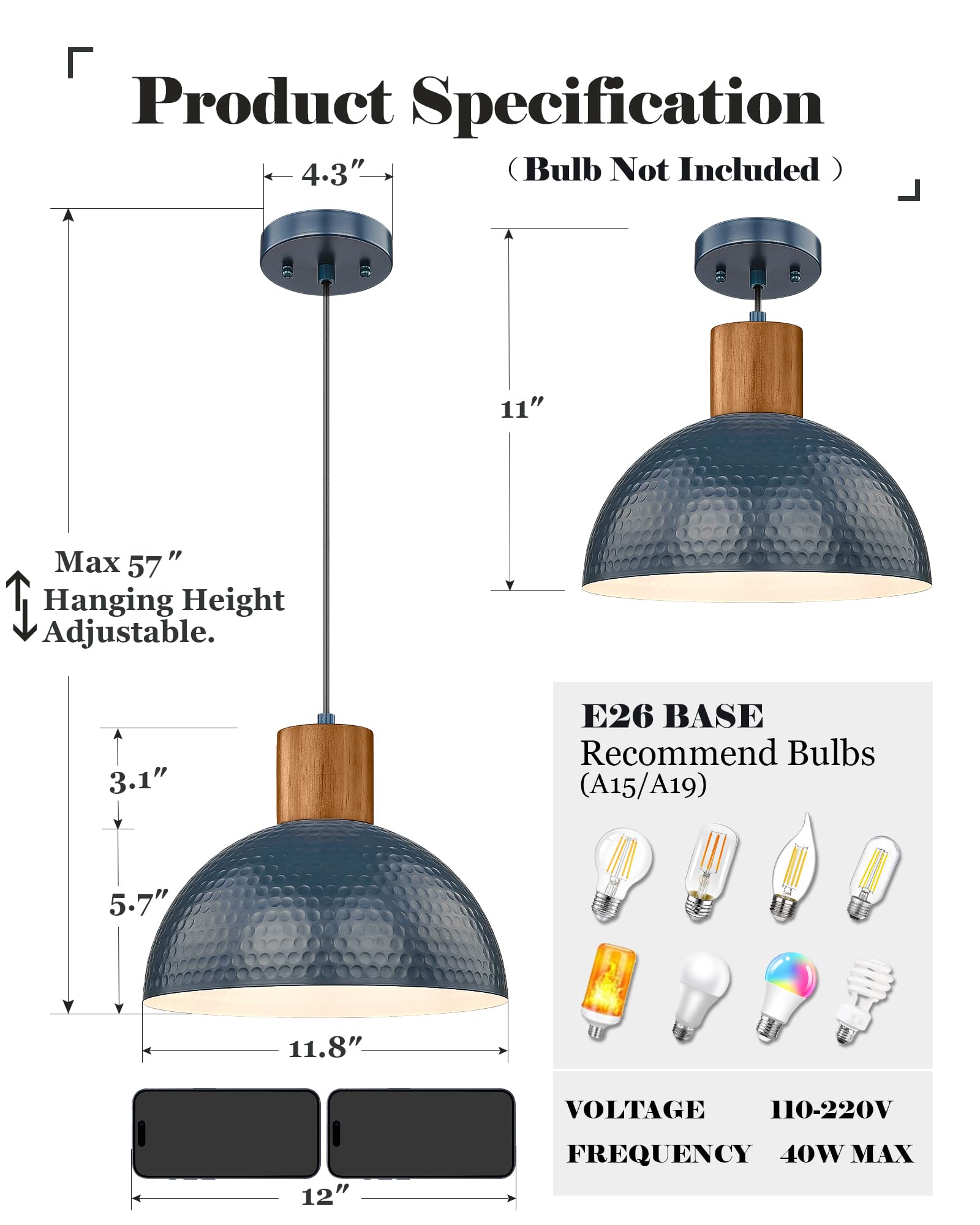 ELYONA Industrial Pendant Light - 12" Handmade Hammered Blue Metal Dome Lamp for Kitchen, Dining, Bedroom, Hallway - 1 Pack