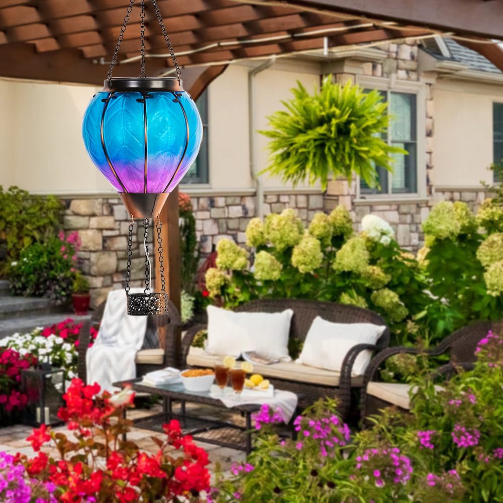 Starsoul Solar Hot Air Balloon Lantern with Candle Holder, Blue, Decorative Hanging Light for Lawn, Porch, Tree, Yard