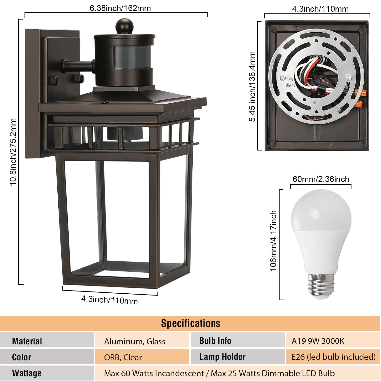 Fandbo Motion Sensor Outdoor Wall Lantern, Dusk To Dawn, Oil-Rubbed Bronze, Led Bulb Included