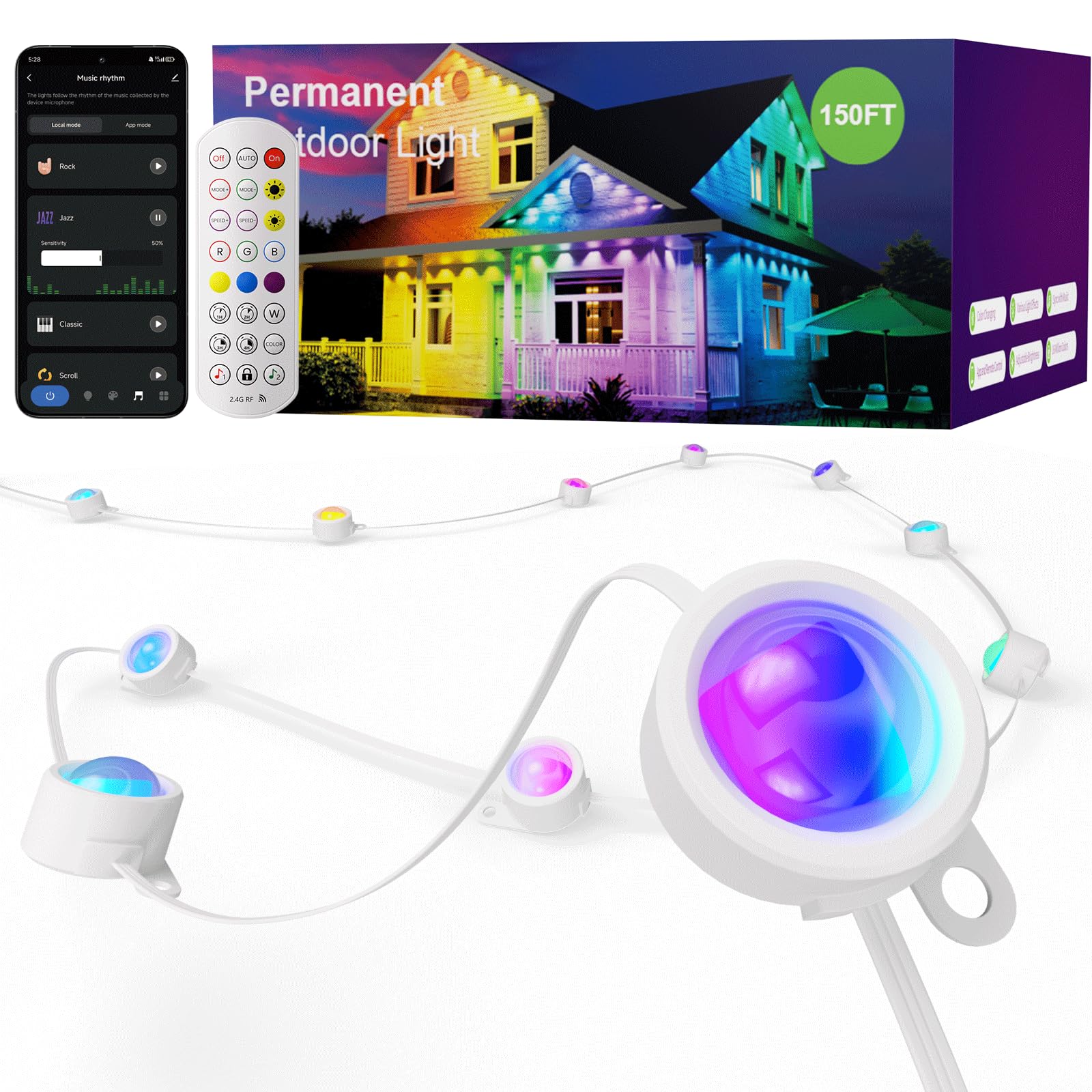 ISOPHO Permanent Outdoor Lights, RGB Smart String Lights with 75 Scene Modes, 150ft Eaves LED Light, Waterproof IP67, Great for 