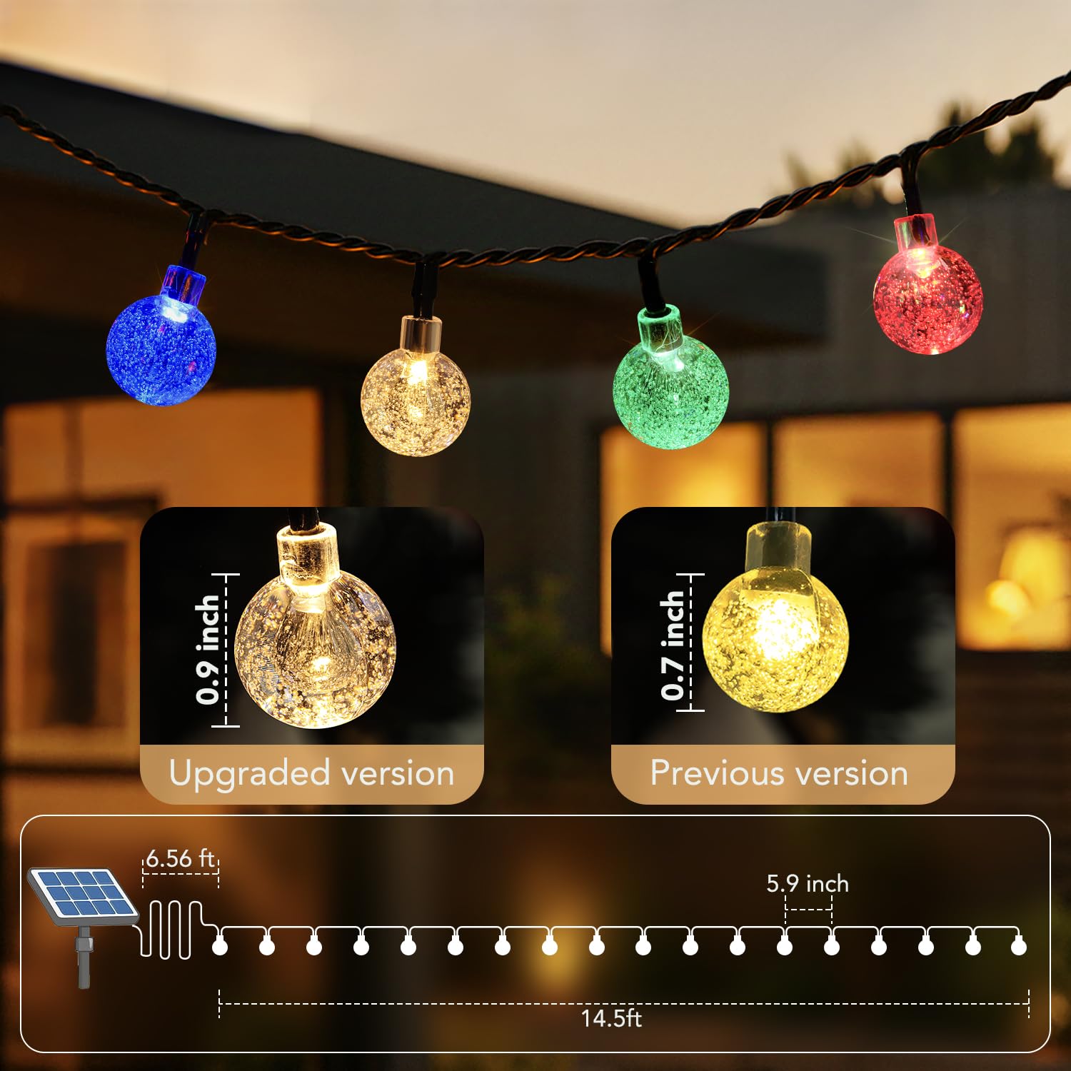Metaku Solar String Lights, 20FT 30 LED Crystal Globe, 8 Lighting Modes, Outdoor Decor, Multicolor