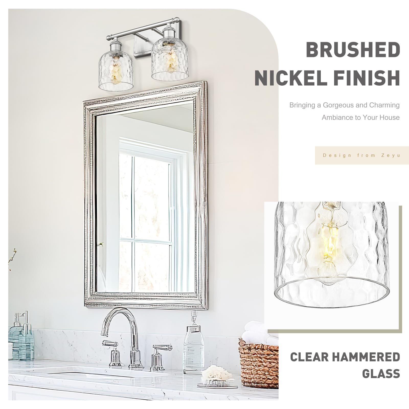 Zeyu 14 Inch Modern Vanity Lighting Fixtures, 2 Light Bathroom Vanity Light For Mirror Bedroom, Brushed Nickel Finish With Clear