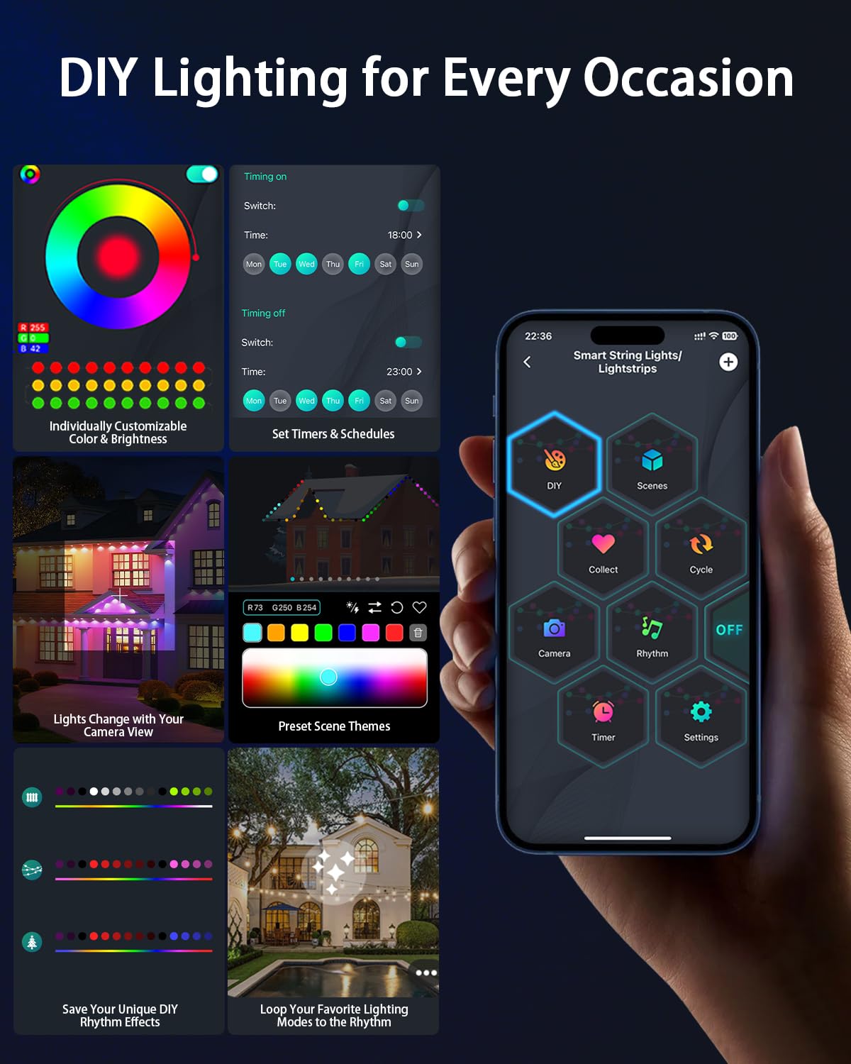 Mimirgb Permanent Outdoor Lights 200Ft Rgb Ic Outdoor Lights With 120 Led Lights For House Roof Christmas Holiday Party Daily Lighting Ip67 Waterproof Eaves Light With Multi Scene Modes For Halloween