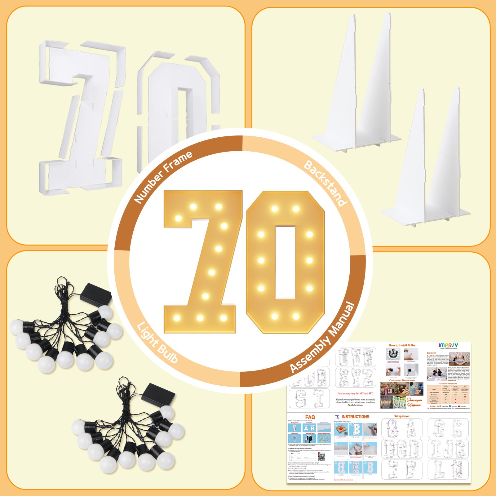imprsv 4FT Light Up Numbers - Marquee Number 70 Birthday Decor, Foam Board Anniversary Party Decorations for Men & Women