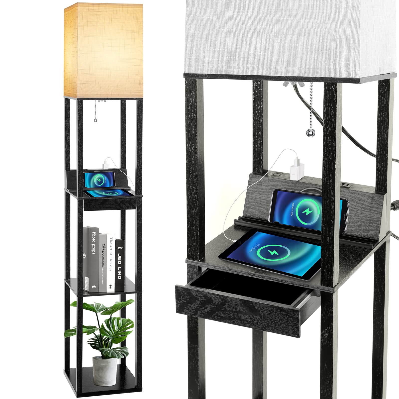 Floor Lamp with Shelves, RUNTOP LED Shelf Floor Lamp with Wireless Charger & 2 Charging USB Ports & Drawer, AC Outlet, 3 Color T