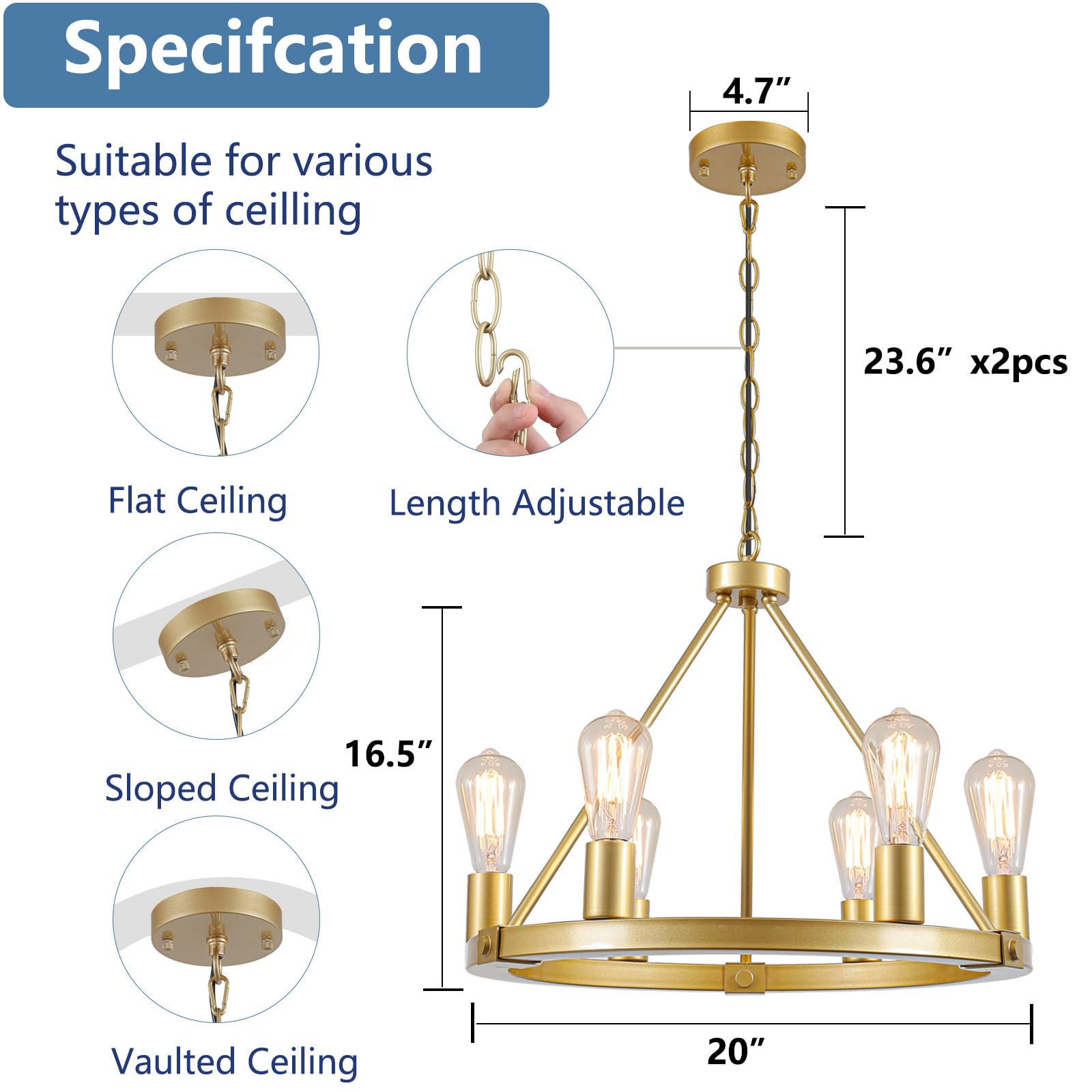 9Mmml Gold Wagon Wheel Chandelier, 6-Light Industrial Pendant Light, 20'' Farmhouse Ceiling Hanging Chandelier Light Fixture For