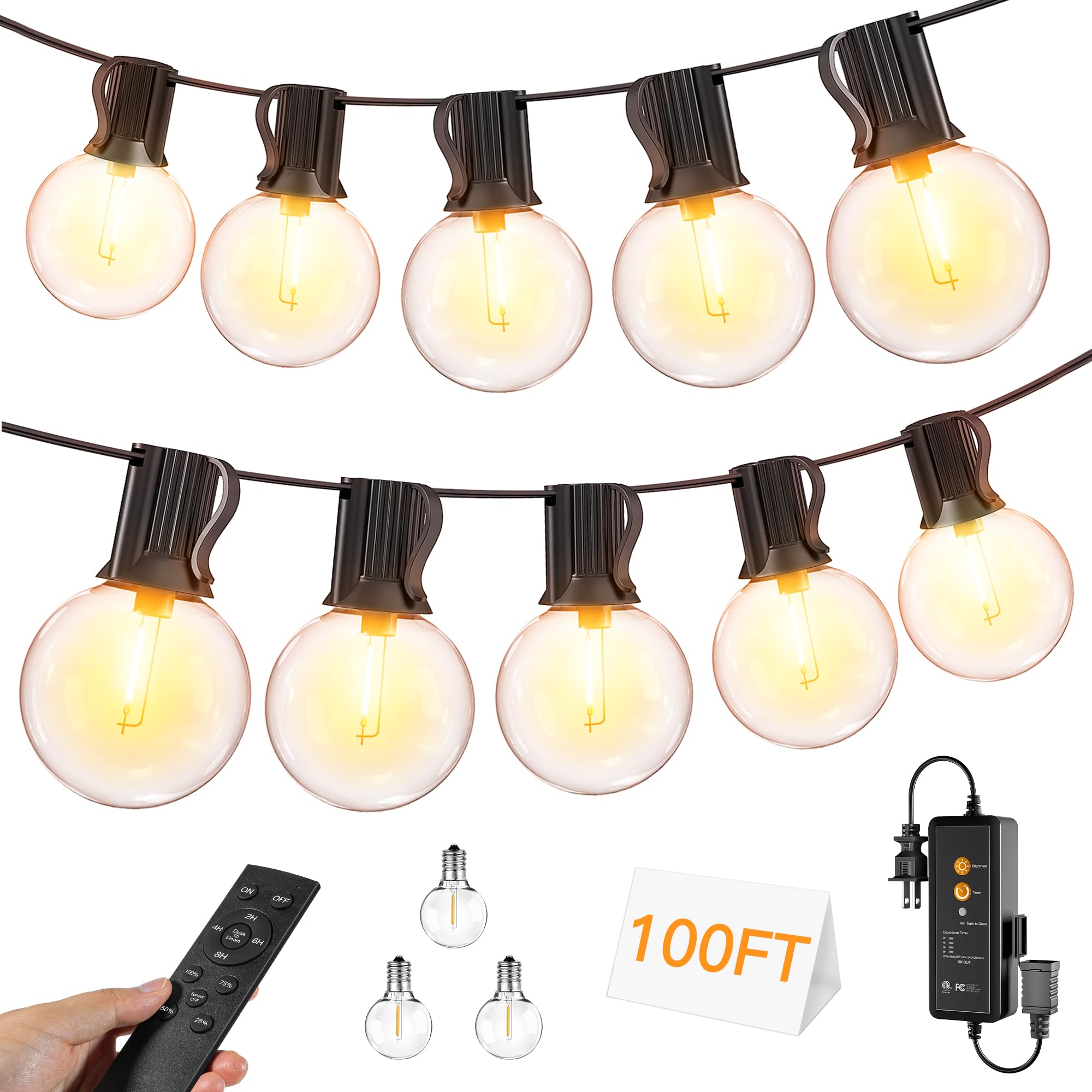 Ccinny Outdoor Lights, 50+3 G40 LED Bulbs, Remote Dimmer, Waterproof, 100 FT, Warm White, Model IL-E12-1810050