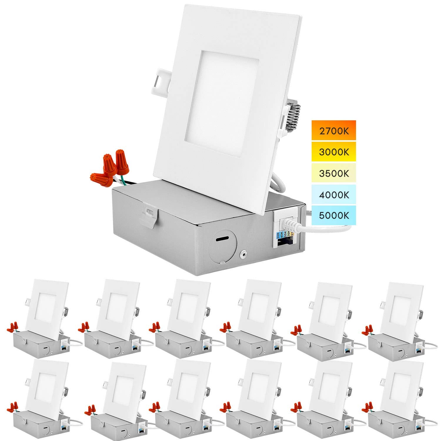 Luxrite 4 Inch Ultra Thin Square Led Recessed Lighting, 5 Color Temperature Options 2700K - 5000K, Dimmable Led Downlight, 10W, Ic Rated, Wet Rated, Canless Led Recessed Light, Etl Listed (12 Pack)
