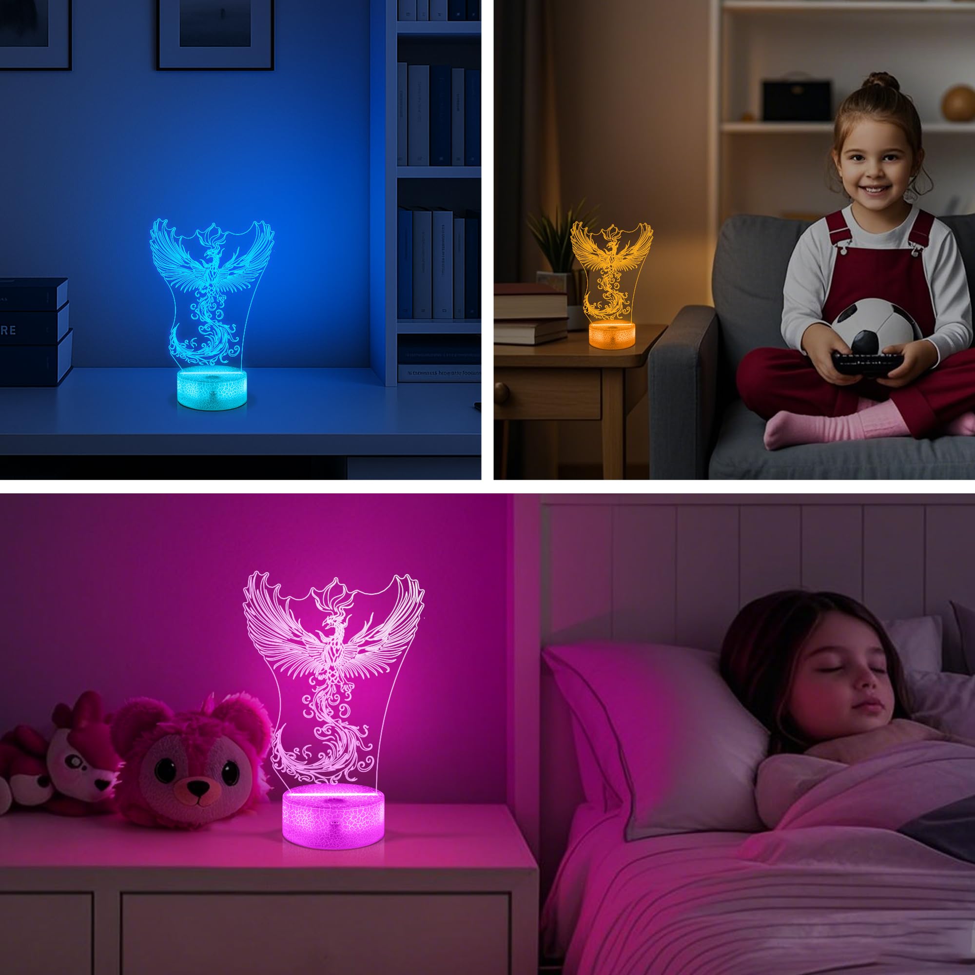 OkiyiD Phoenix Night Light 3D Illusion Lamp with Remote Control, 16 Colors, Acrylic, Blue, Model DL-OK100