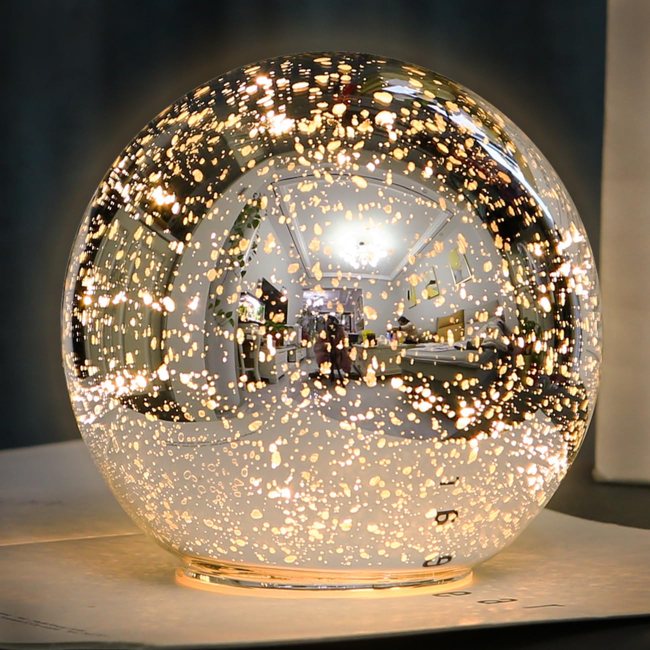 Lighted Mercury Glass Ball Table Lamp with Timer, Silver Cordless Orb Christmas Decor Ball Led Light Globe for Mothers Gift, Ba