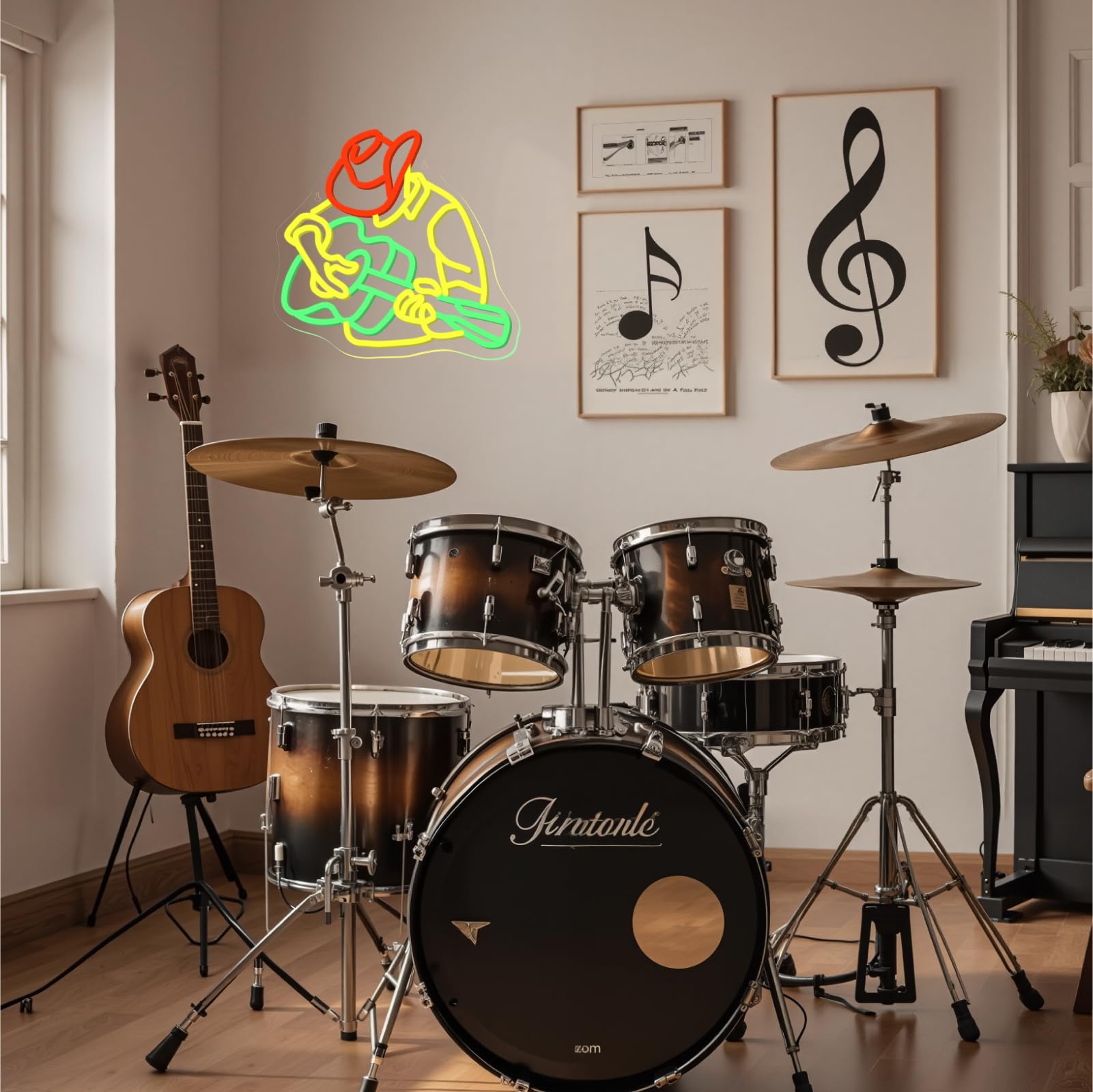 Wanxing Cowboy Neon Sign, Dimmable USB Powered, 14.9inx12.6in, Colorful Guitar Wall Decor for Western Bar, Cafe, Man Cave