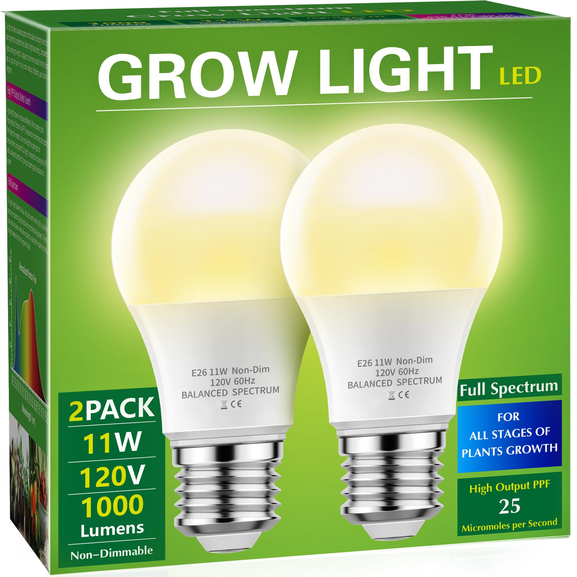 Briignite LED Grow Light Bulb A19, Full Spectrum, 11W (100W Equivalent), E26 Base, 2 Pack, Aluminum, Ideal for Indoor Plants