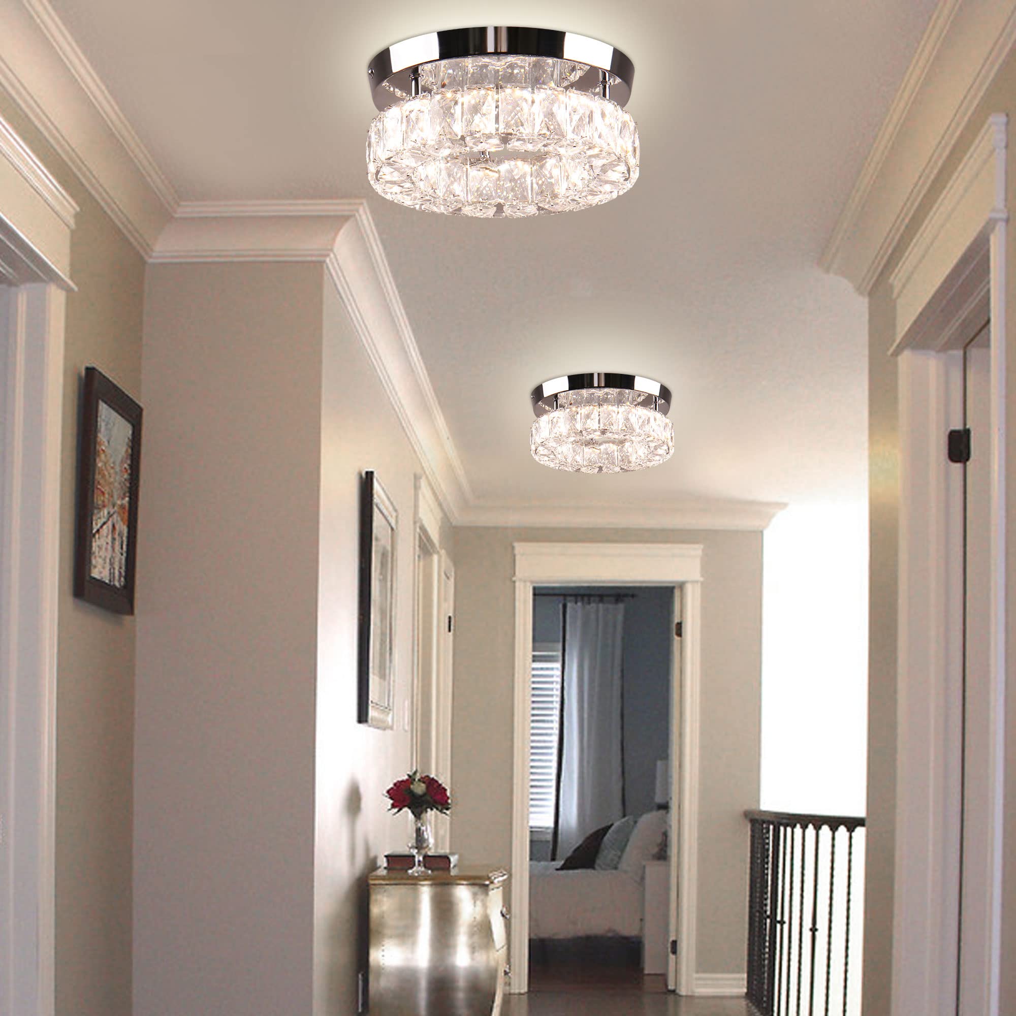Ypqxyhda Small Crystal Chandeliers Led Crystal Ceiling Light Semi Flush Mount Light Fixture For Foyer Entryway Crystal Hallway Light Bedroom,9.8",3 Colors Adjustable