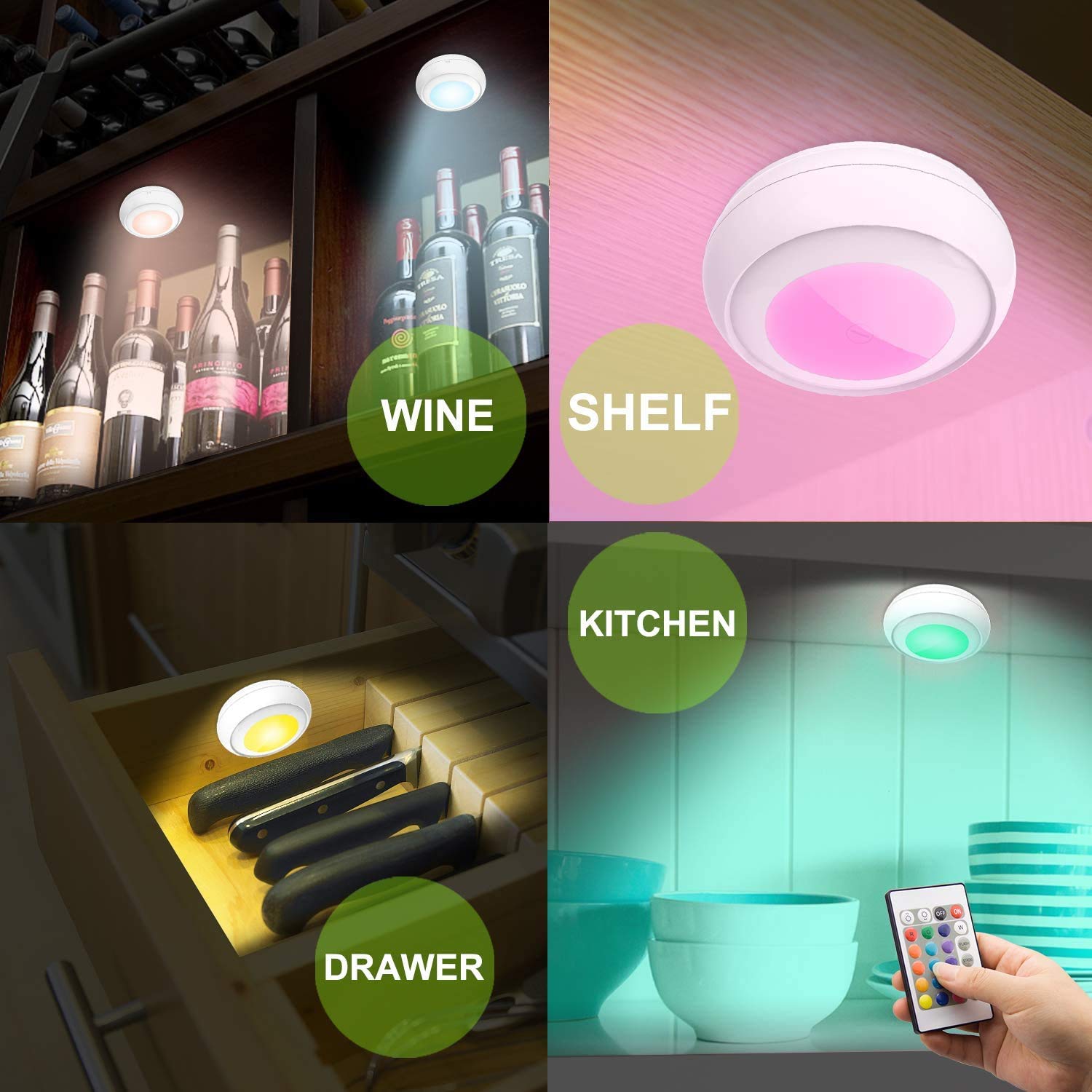 LUXSWAYWAY Battery LED Puck Lights with Remote, 16 Color Changing, Wireless Tap Dimmable, Model DY38IR-16C-4+2, RGB - 4 Pack
