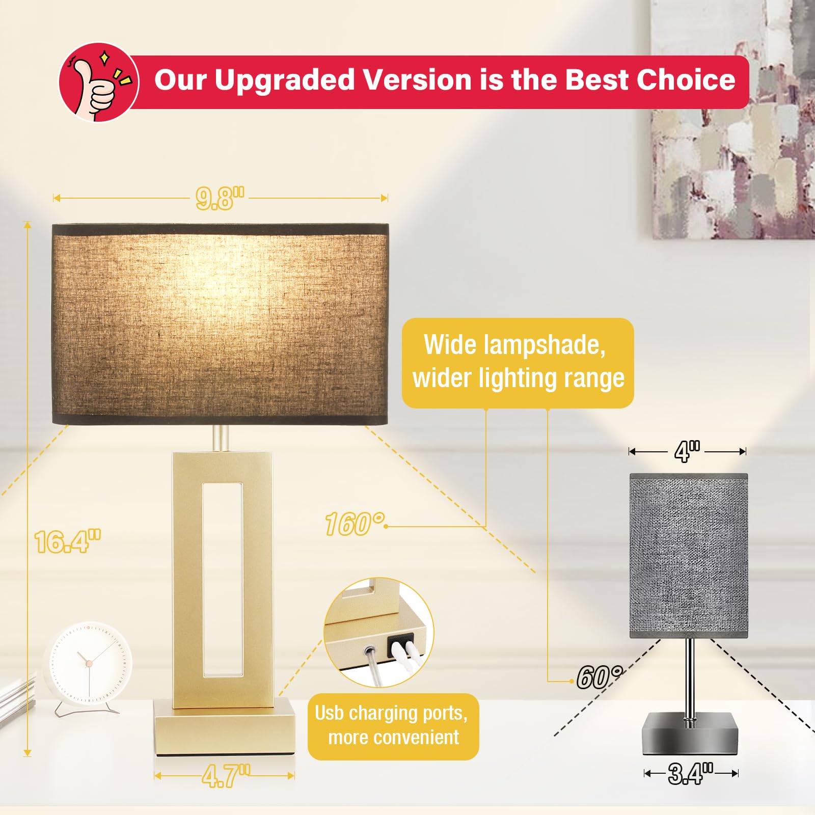 Bedroom Table Lamps Set Of 2 - Black Gold Touch Bedside Lamps With Usb C+A, 3 Way Dimmable Gold Lamp For Nightstand, Modern Nigh