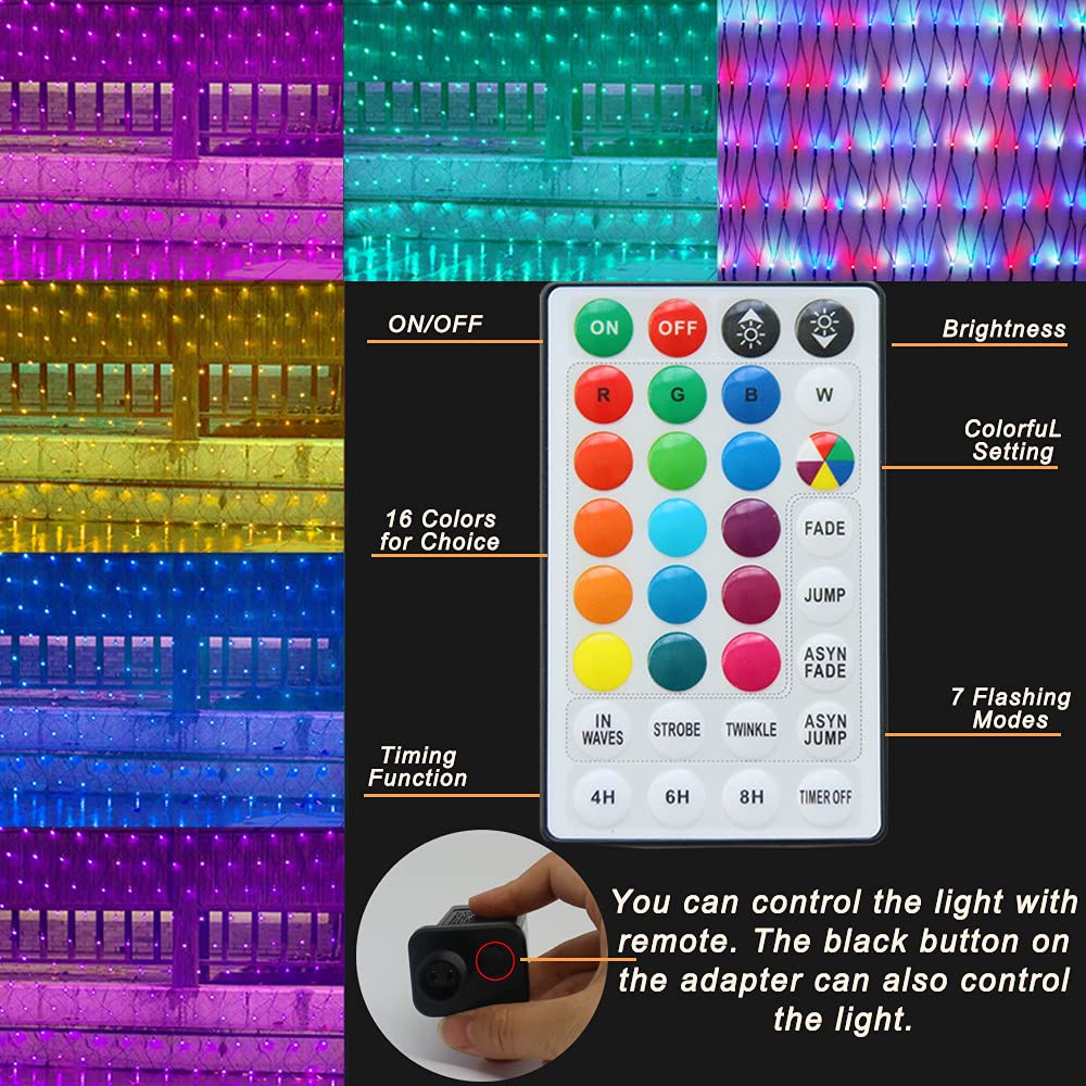 Pooqla RGB Net Lights, 14.8x4.9ft Waterproof 240 LED Color Changing Outdoor Decoration, Multicolor for Christmas, Halloween, Wedding