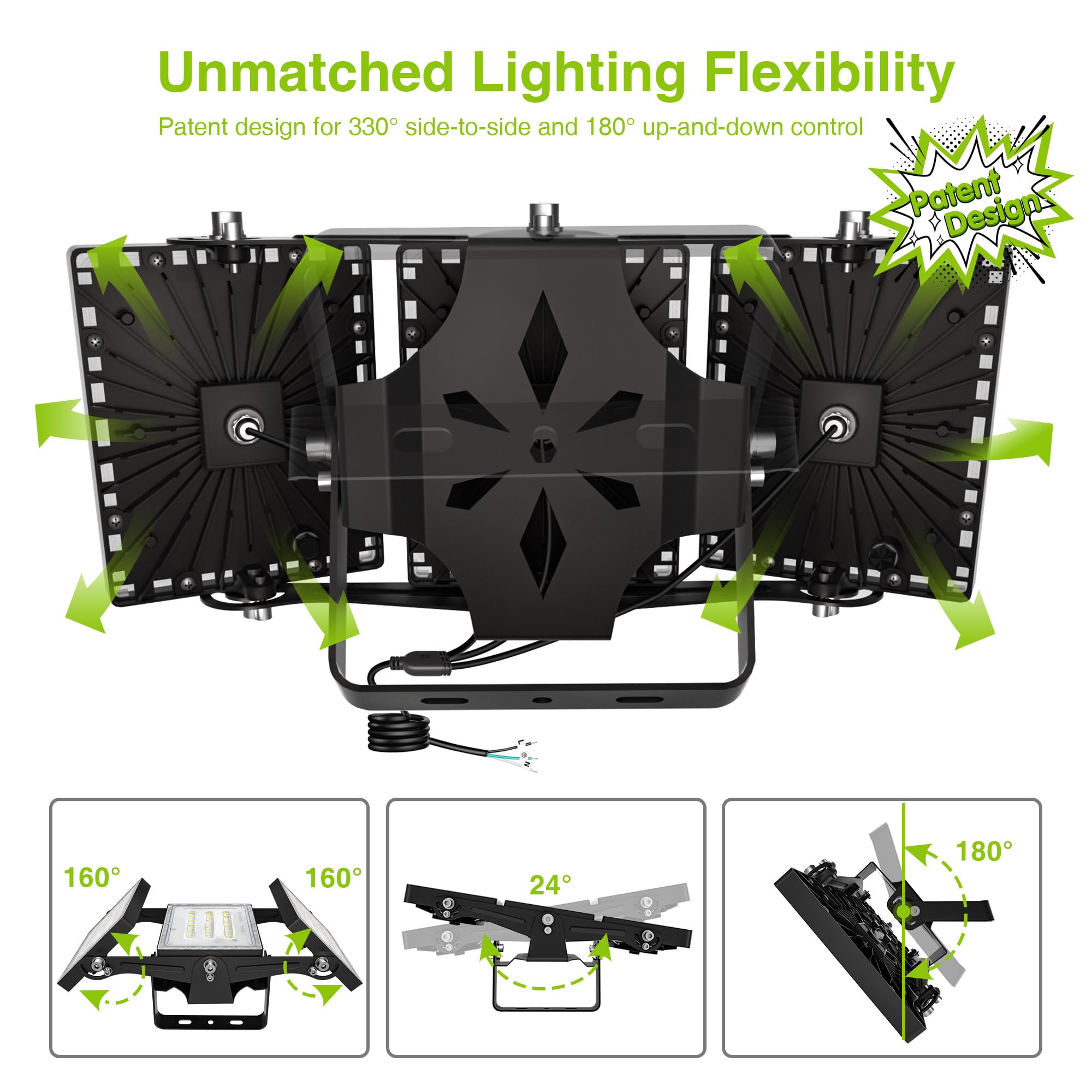 2 Pack Led Flood Lights Outdoor, Stasun 150W 15000Lm 6000K Daylight White Ip66 Waterproof, Commercial Parking Lot Lights, 3 Heads For Yard Street Stadium Outdoor Area Floodlight Bright Security Lights