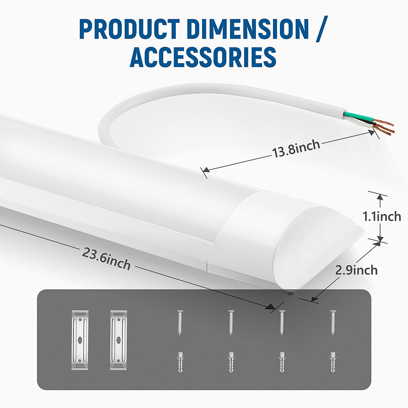 DAKASON 3FT LED Garage Lights - 24W 2880lm Ceiling Fixture, Adjustable 3/4/5000K, Hardwired Flat Panel, White, Model BTN-3