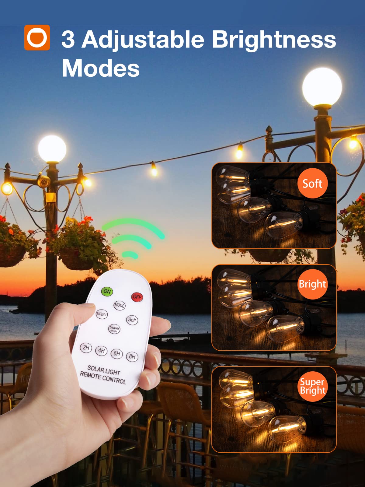 addlon Solar String Lights 104FT with USB Port & Remote Control, 34 LED Dimmable Bulbs, Black, Waterproof for Patio, Garden, Deck
