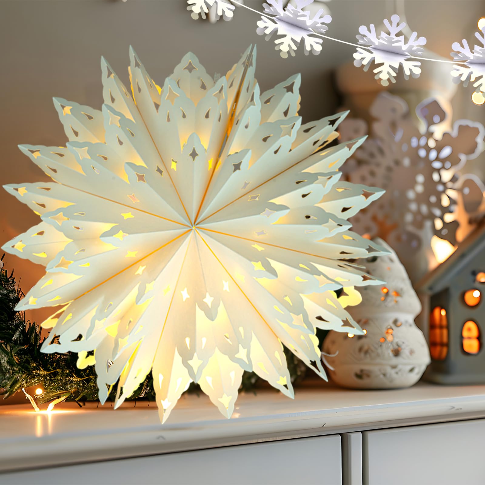 OuMuaMua Christmas Paper Lanterns - 2 Pcs White Star Lanterns with LED Lights for Holiday Decor, Model GSD002