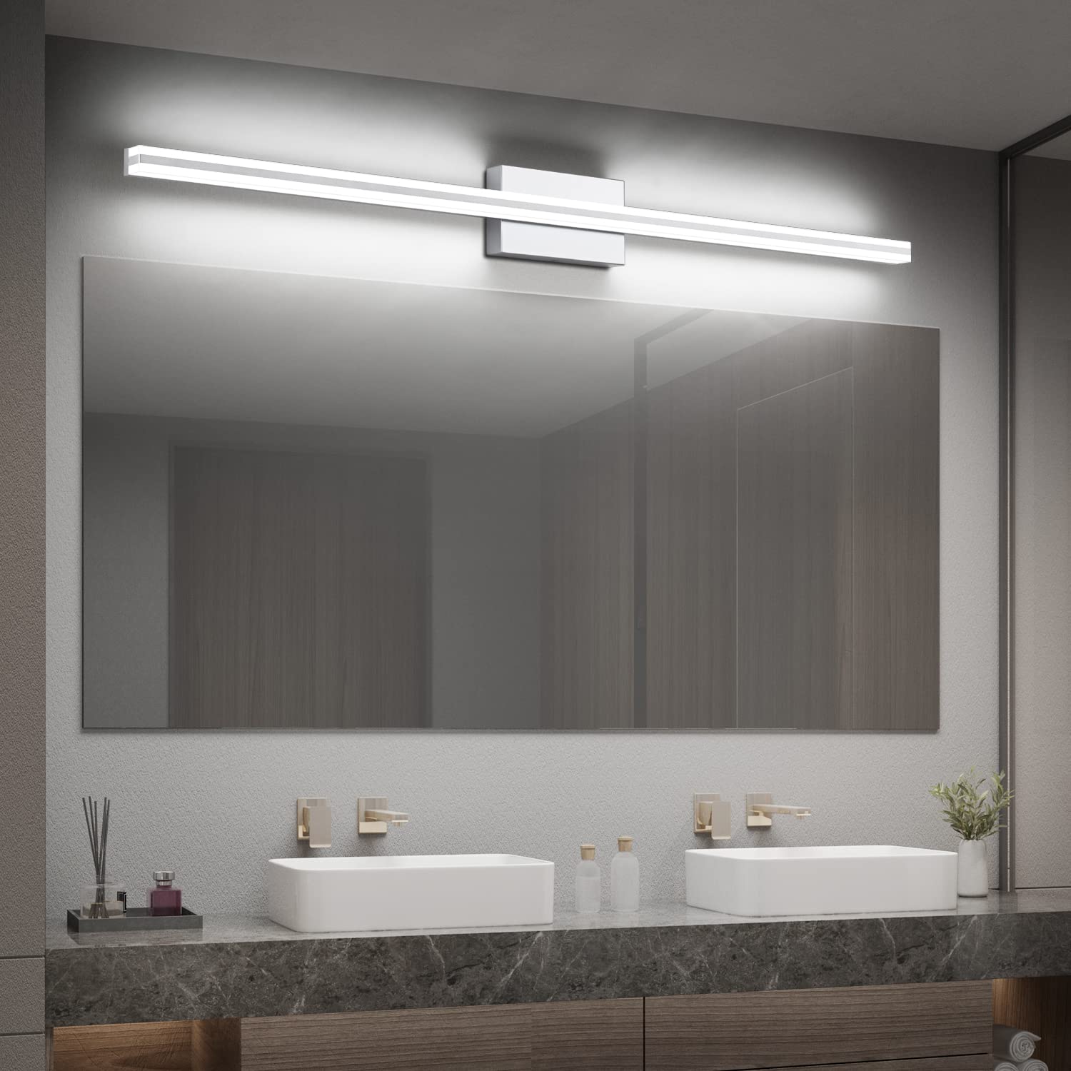 SOLFART Bathroom Vanity Lights 48 Inch Dimmable Brushed Nickel LED Fixture Acrylic Silver