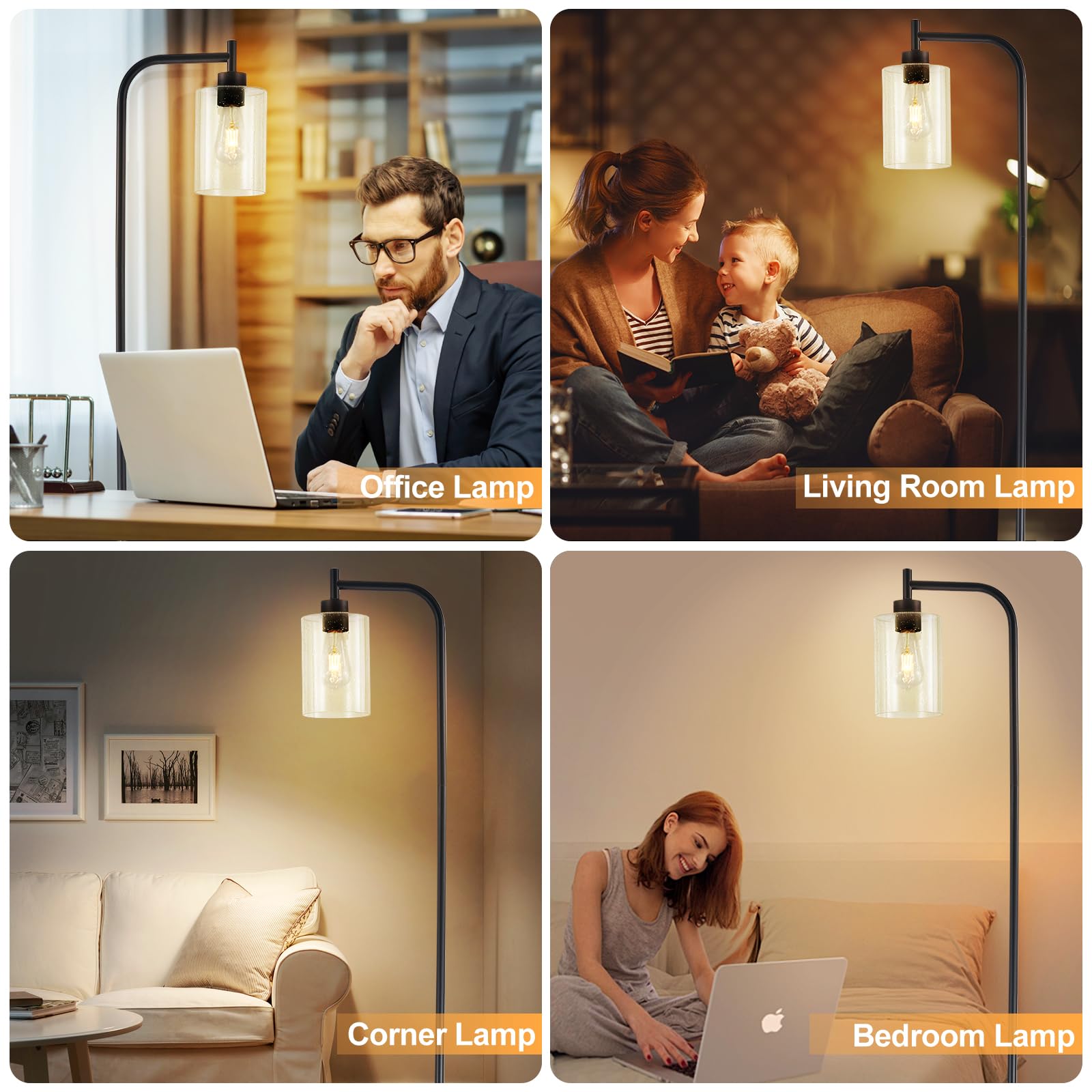 Dllt Floor Lamp Tall For Room: Black Standing Lamp With Seeded Glass Lampshade For Living Room - Modern Bright Lamp For Bedroom
