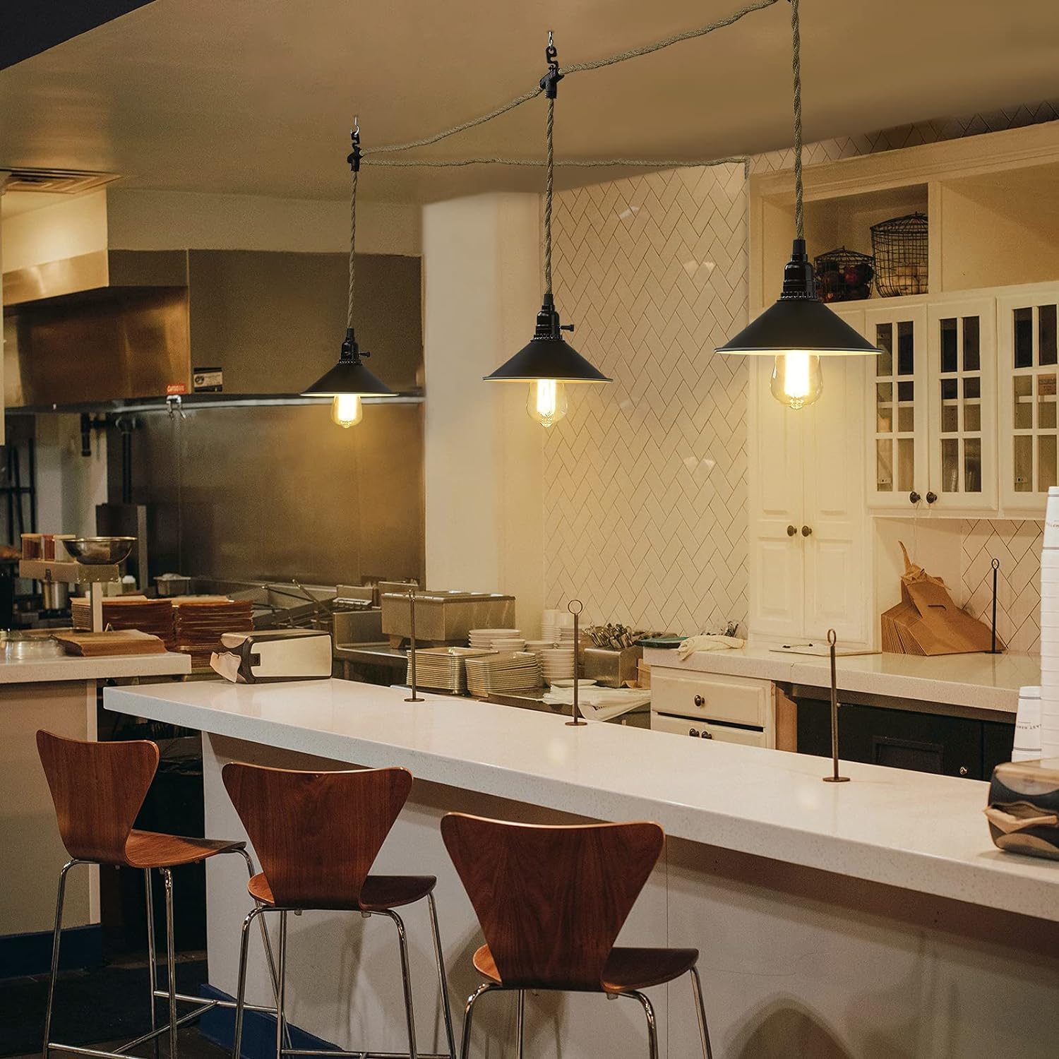 Kenmi Triple Pendant Light With Plug In Pendant Light,22Ft Industrial Hanging Lamp With Twisted Hemp Rope Independent Triple Swi