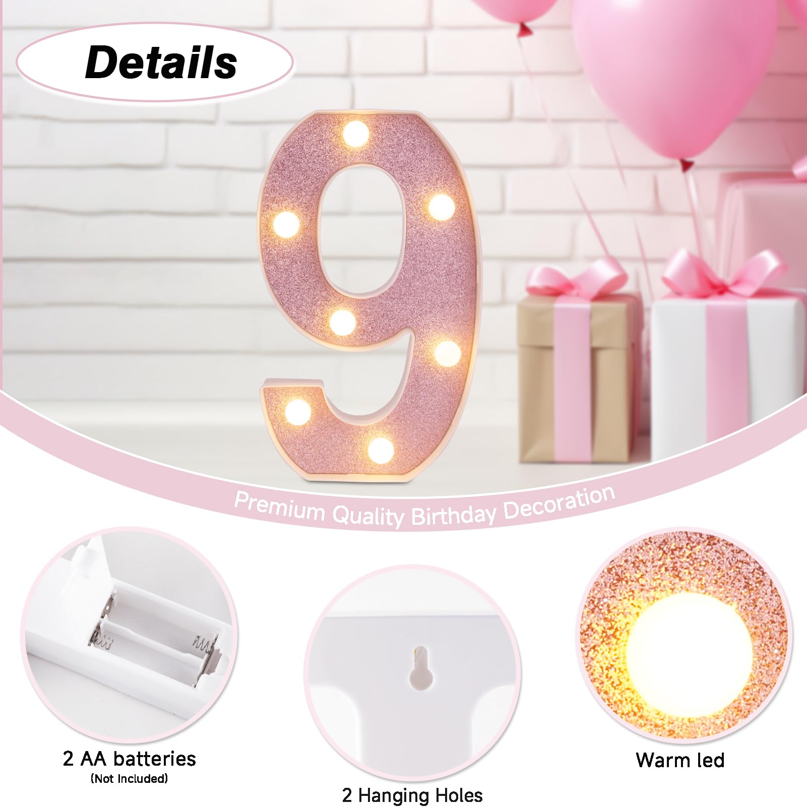DyingSwan LED Marquee Number 9, 8.58 Inch Pink Glitter Light Up Decor, Battery Powered Plastic Night Light