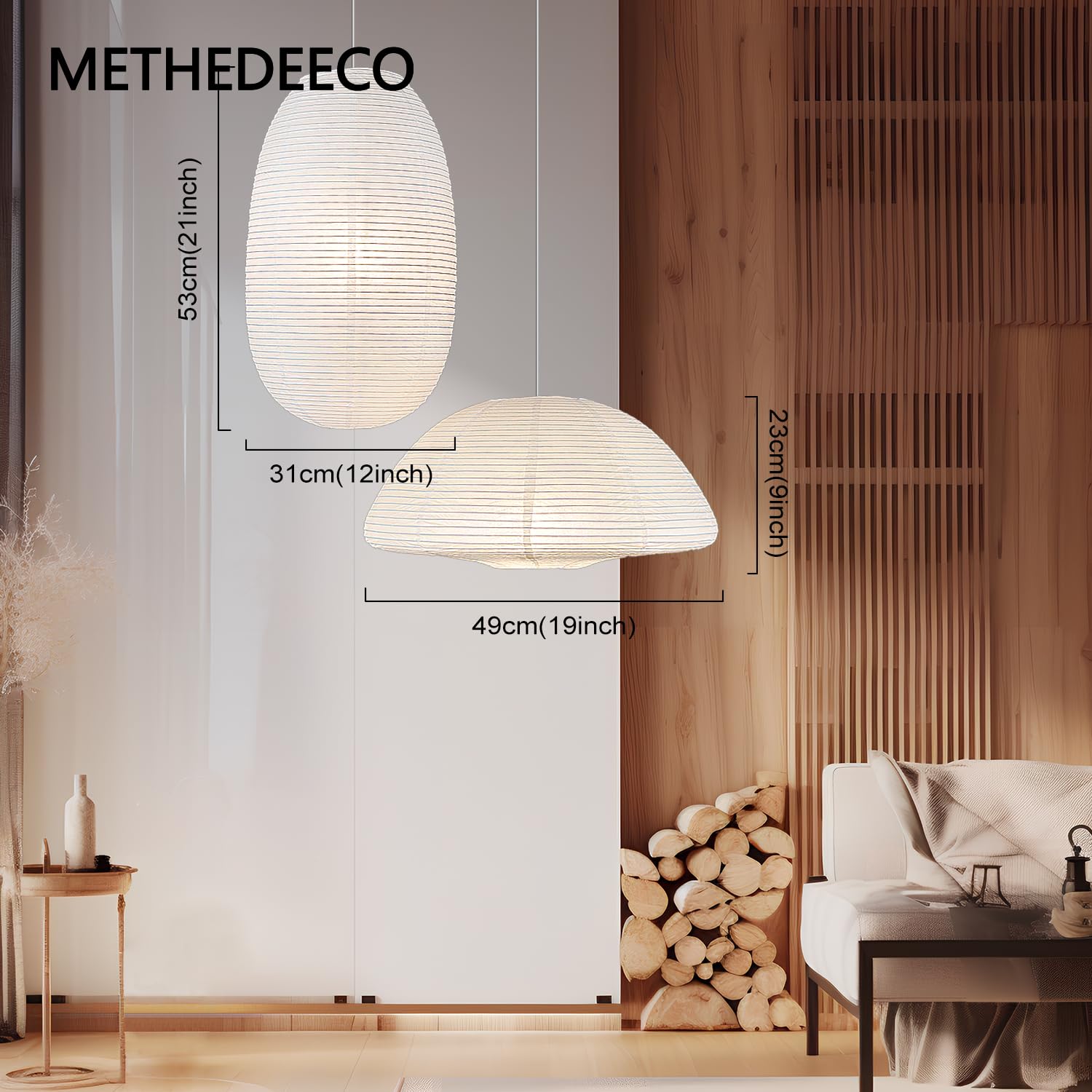 METHEDEECO White Paper Lanterns - 2PCS Large Hanging Shades, 19+21inch, Rice Paper, Semicircular & Elliptical Design, Perfect for Indoor Decor