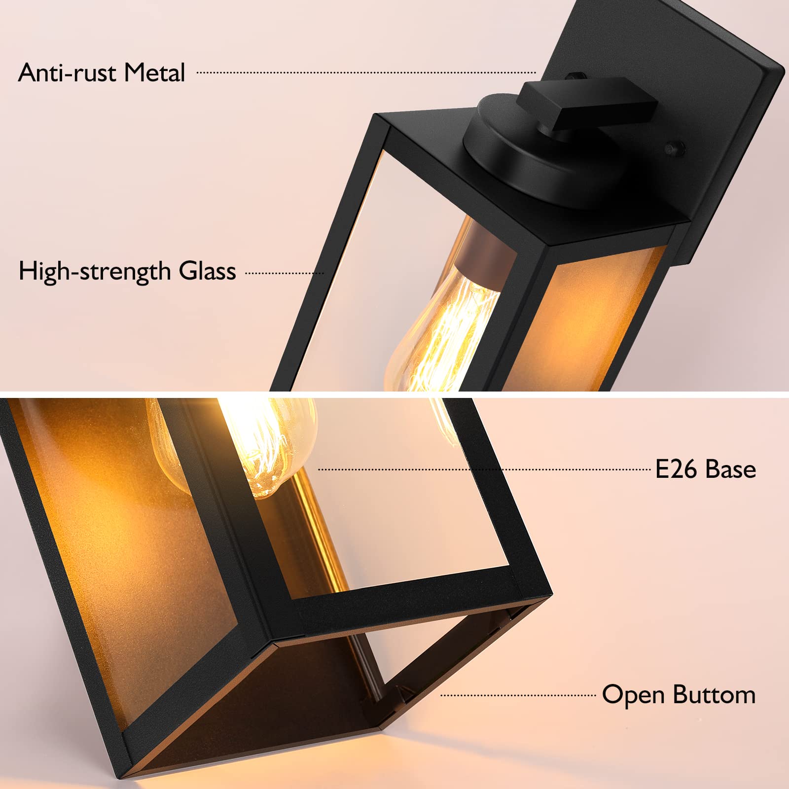 BesLowe Outdoor Wall Mount Light Fixture, Waterproof Black Lantern Sconce, 12.8" Glass Shade, E26 Socket for Porch & Patio