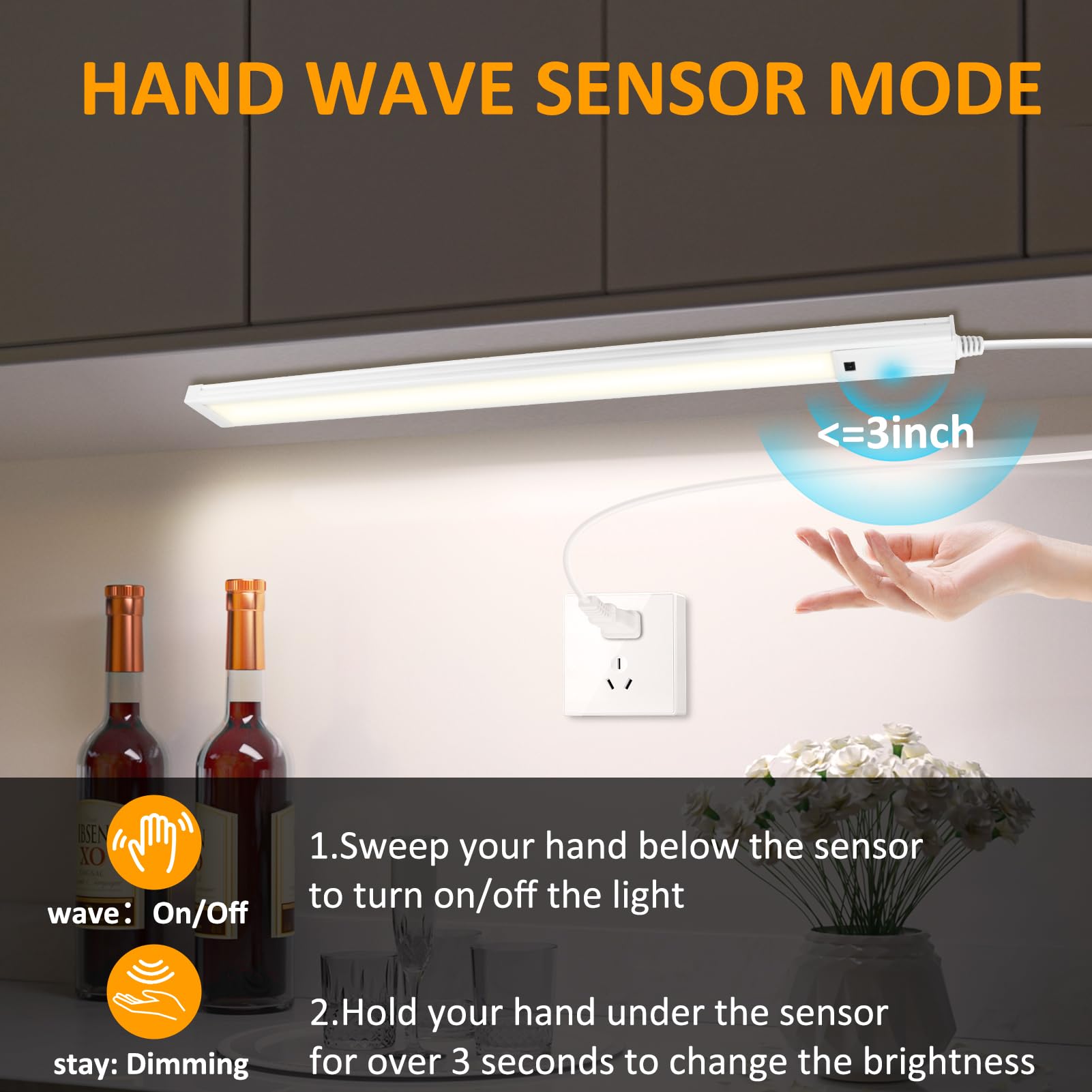16 Inch Under Cabinet Lights With Hand Wave  2 Pack Under Counter Light With Dimmable And Colour And Brightness Adjustable Over The Sink Lighting Led For Kitchen Cabinet With Wire And Plug  Cupboard