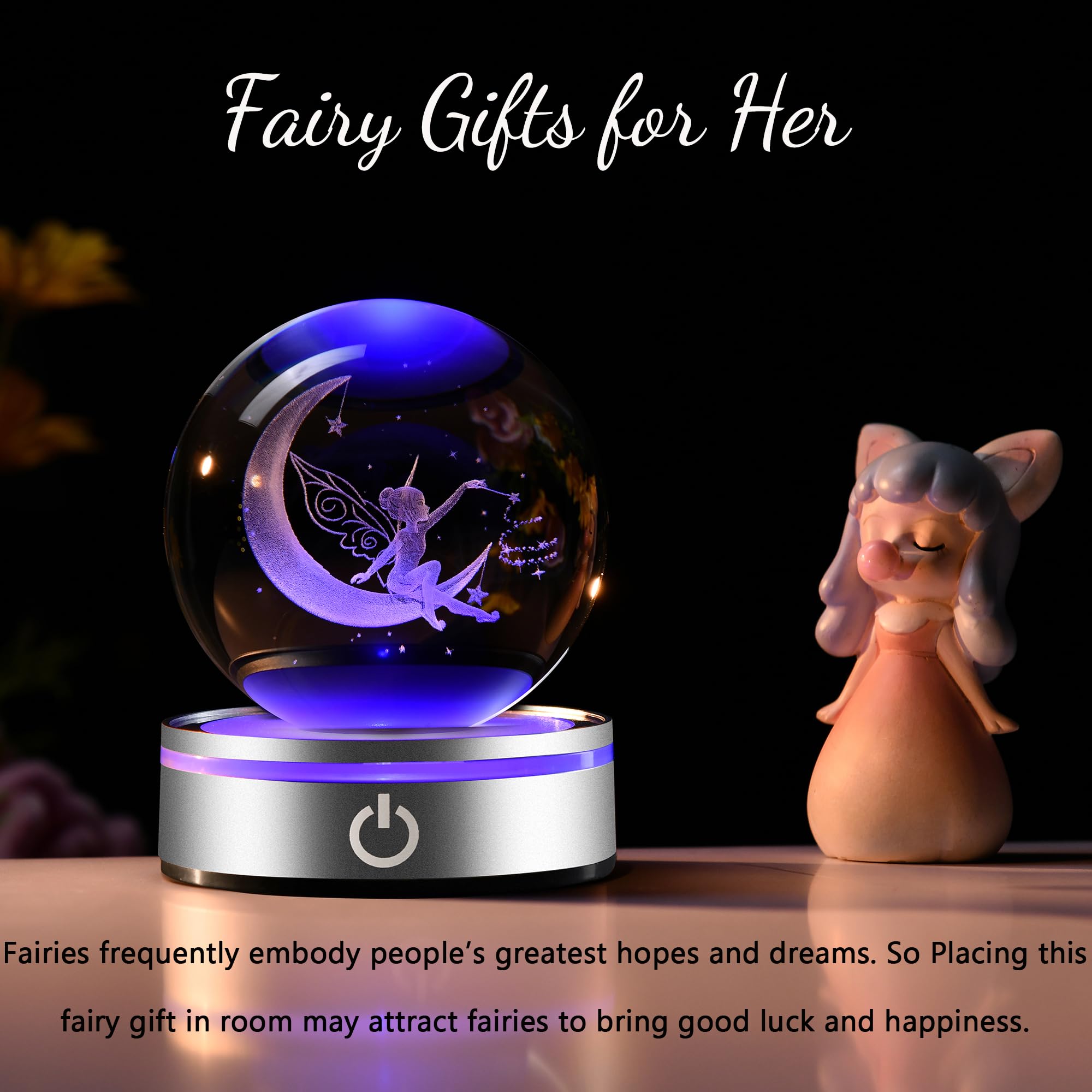 IFOLAINA Moon Fairy Crystal Ball Night Light - 3D Laser Engraved Decorative Globe, Model 1163Z, Multicolor Fairy Gift for Her