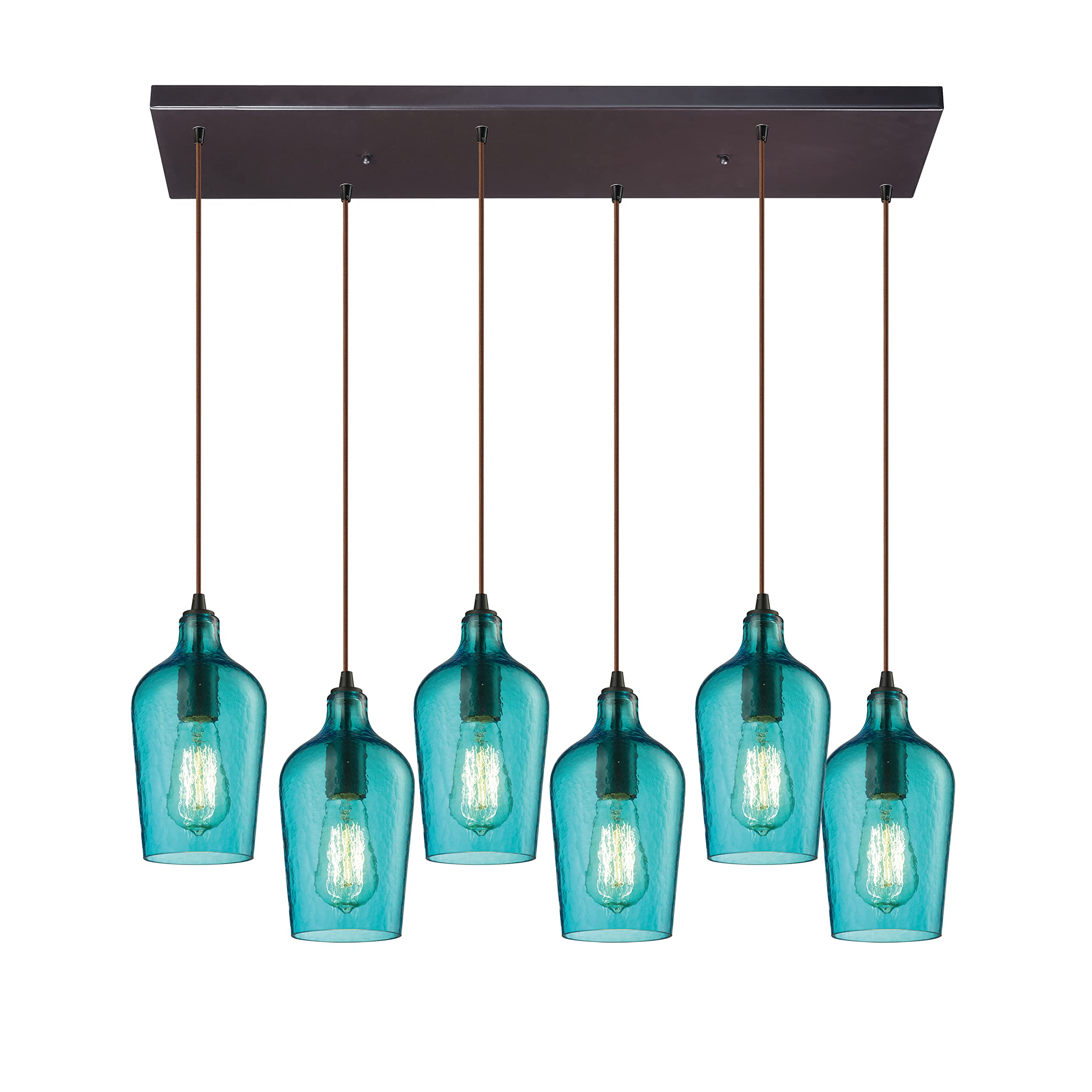 Elk Home 6-Light Hammered Glass Mini Pendant, Oil-Rubbed Bronze, Transitional Style, Aqua Glass
