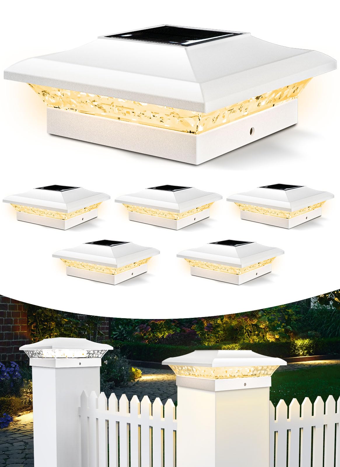 T-Sun 4X4 Post Cap Lights 6 Pack For Vinyl/Wooden Fence Outdoor Waterproof Warm & Cool White  Deck Solar Post Lights For Patio Garden Yard Lighting