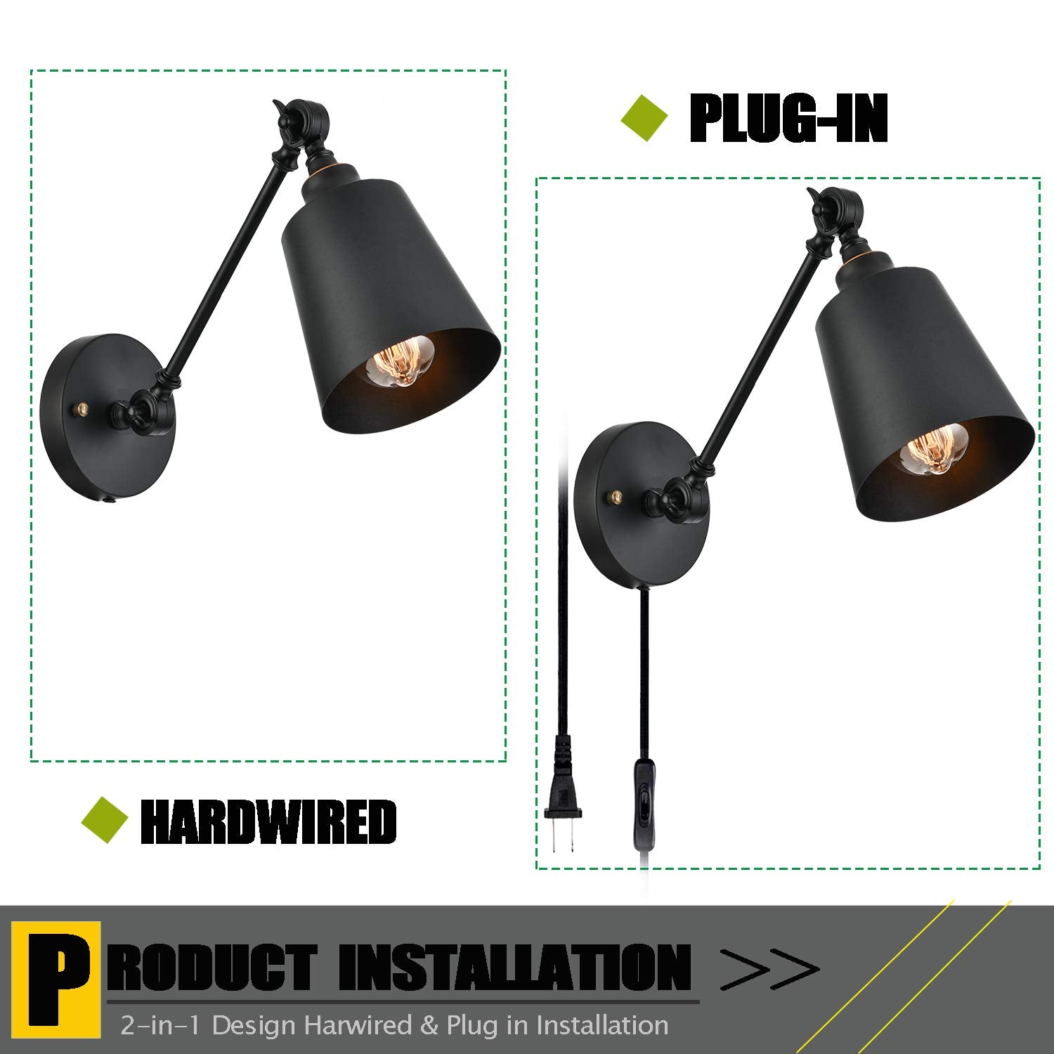 Capslpad Wall Sconces Set of 2 Plug in Swing Arm Wall Lamp Fixture with On Off Switch Rustic Adjustable Wall Lamps Farmhouse Wal