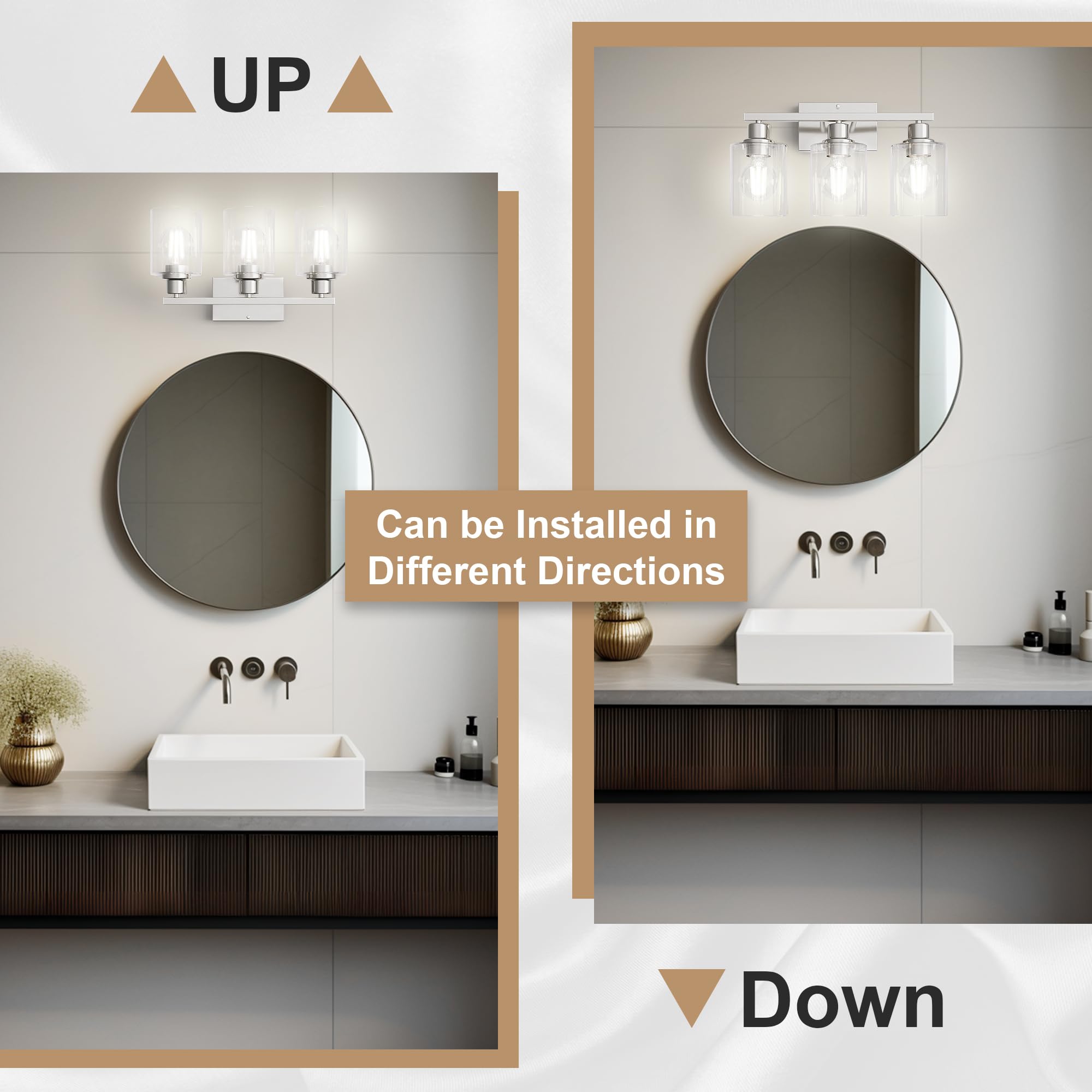 Dekang 3-Light Bathroom Vanity Light, Brushed Nickel Wall Sconce With Clear Glass Shades