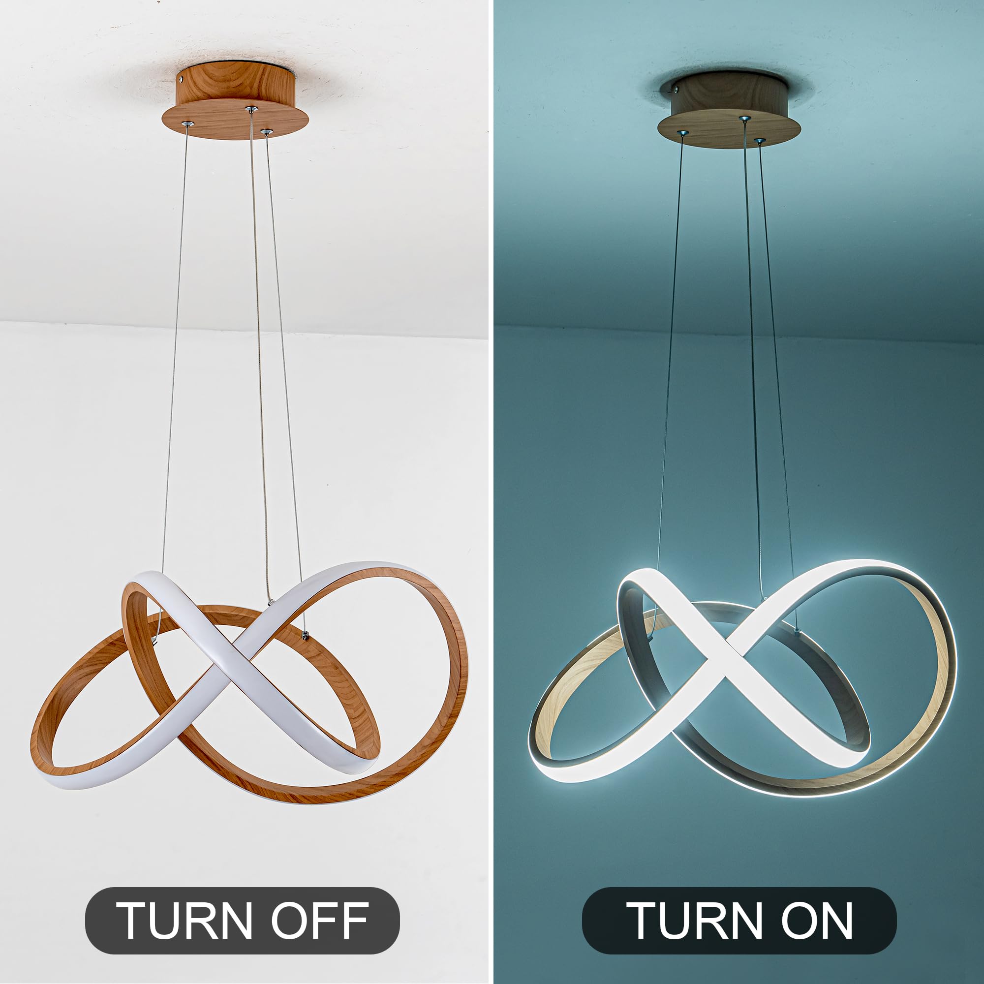MAYNA Modern LED Chandelier - Adjustable Wood Finish Pendant Light, Irregular Ring Design, 6000K Daylight, Model YG-4606-3P-D22