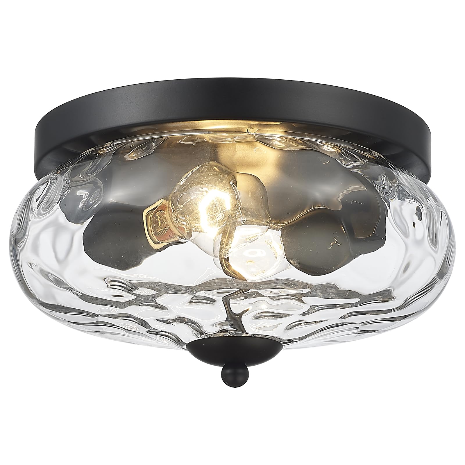 Darkaway Flush Mount Ceiling Light Fixture, Water Ripple Glass Shade, 11 inch, Metal, Black Finish, Model 6T1F, Indoor/Outdoor Use