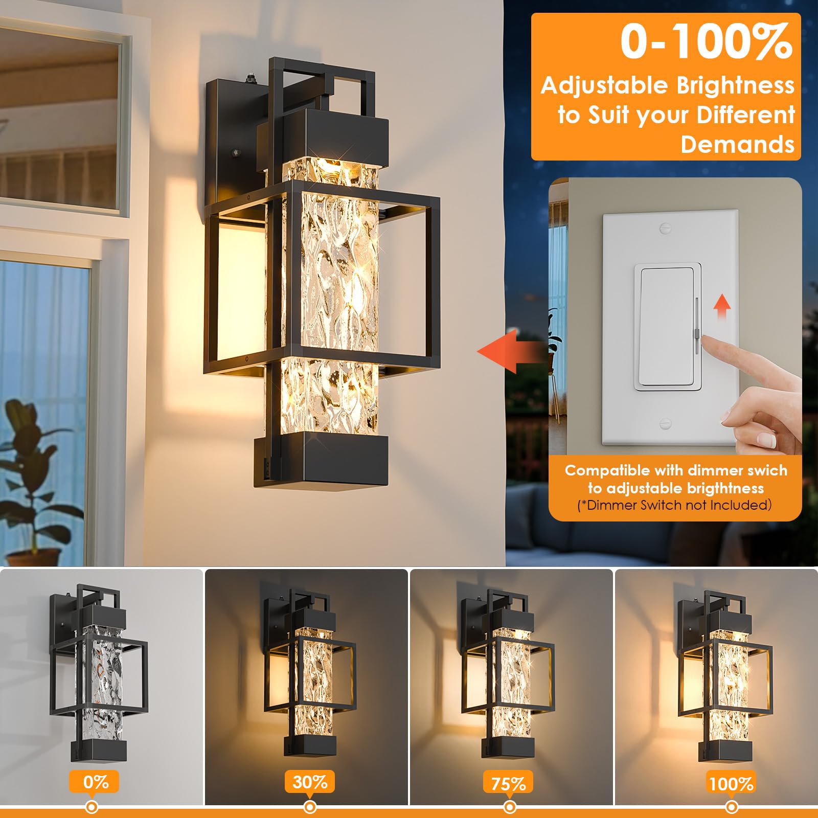 Hotsonic Outdoor Porch Light Fixtures, 14'' Dimmable Waterproof Wall Lanterns, Black, Large, Model HS-018, 2 Pack