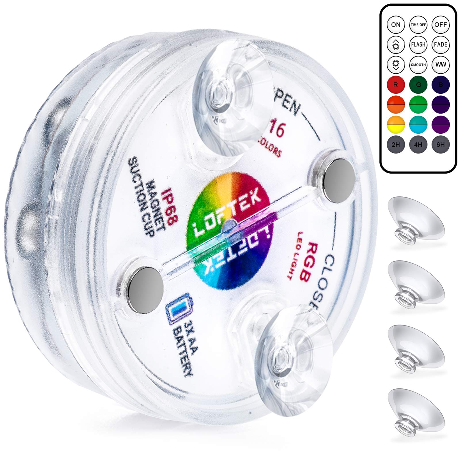 LOFTEK LED Submersible Lights, IP68 Waterproof, 13 Color Changing, Remote Control, 1-Pack, Model LK001, PVC Material