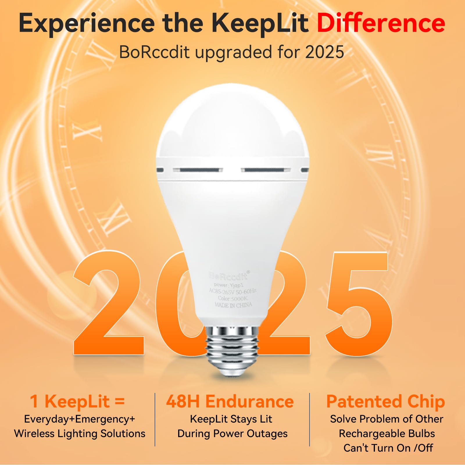 Keeplit 6Pk A19 Emergency Rechargeable Light Bulbs, 48H Light Up & 3 Brightness Emergency Power Outage Light Bulbs, 12W Led 60W