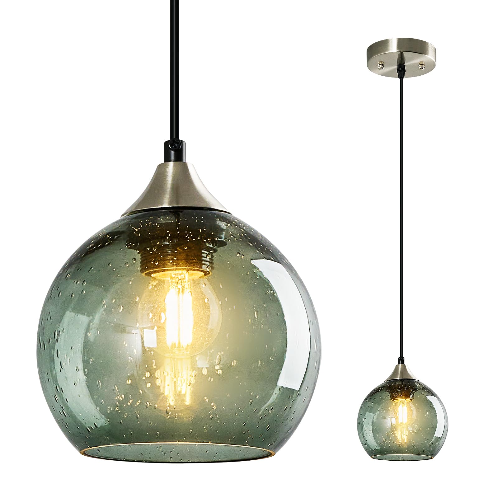Lbsqj Gray Green Glass Pendant Lights Kitchen Island Lighting Globe Pendant Light Fixtures Modern Pendant Lighting For Kitchen Island Bedroom Living Dining Room Light Fixture(5.9In  1-Pack)